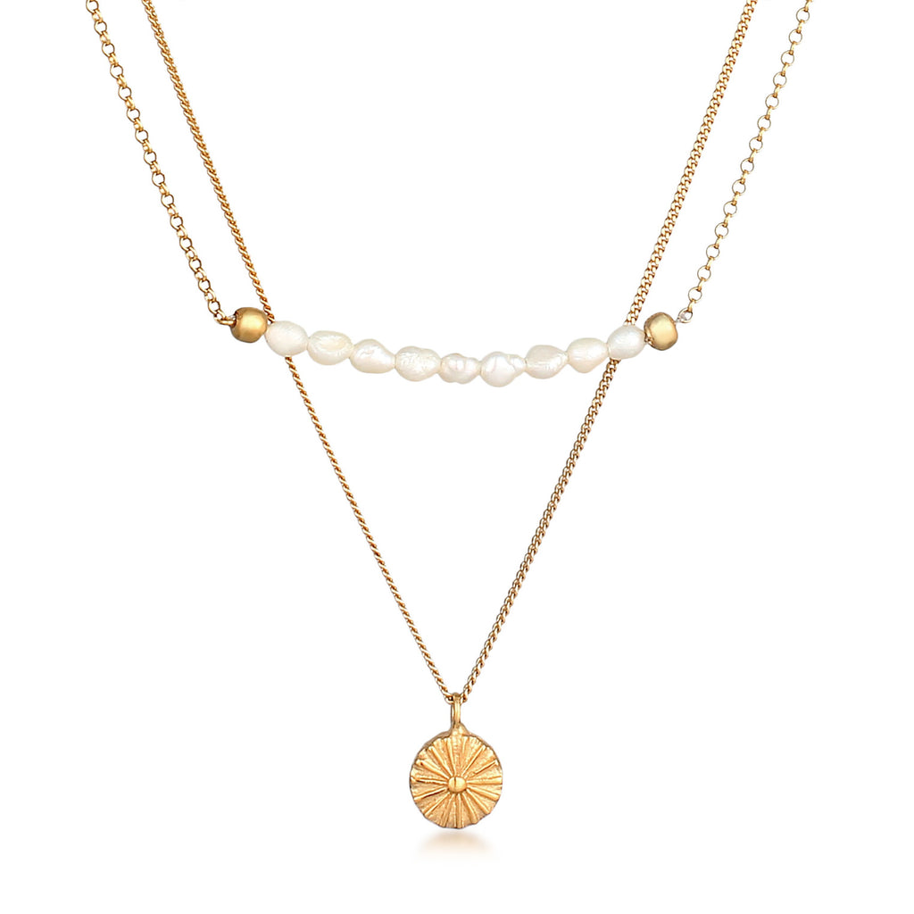 Gold Kalung Perhiasan Perak 925 Wanita Layer Coin Boho Freshwater Pearls Gold Plated