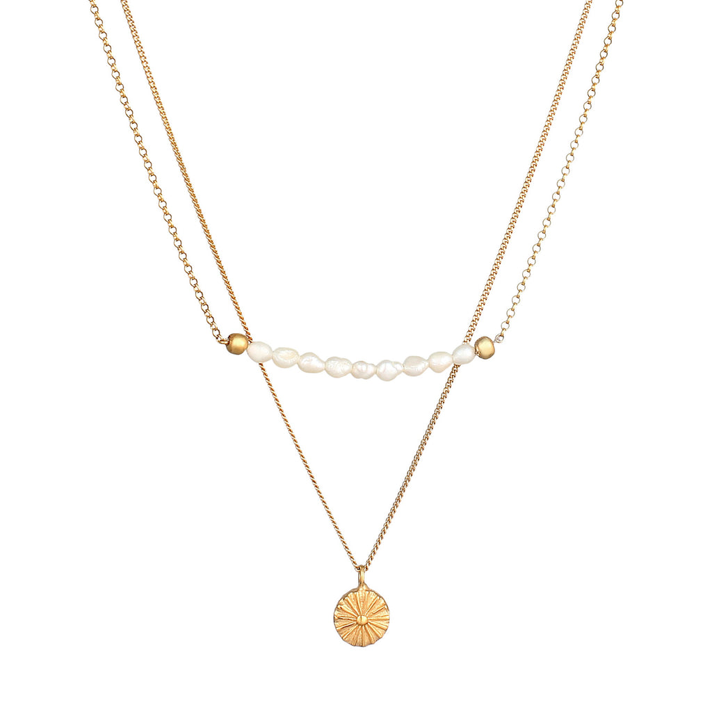 Gold Kalung Perhiasan Perak 925 Wanita Layer Coin Boho Freshwater Pearls Gold Plated