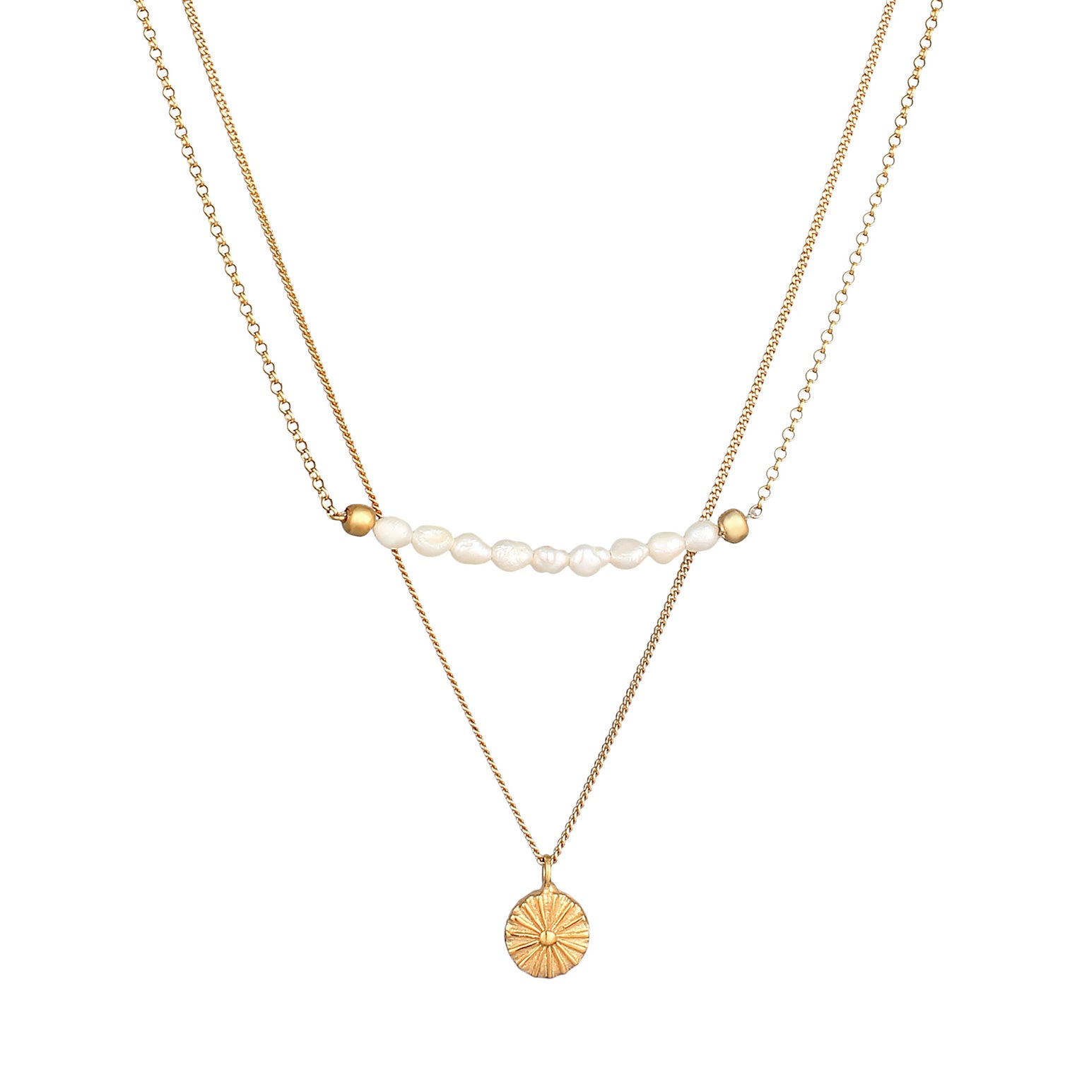 Gold Kalung Perhiasan Perak 925 Wanita Layer Coin Boho Freshwater Pearls Gold Plated