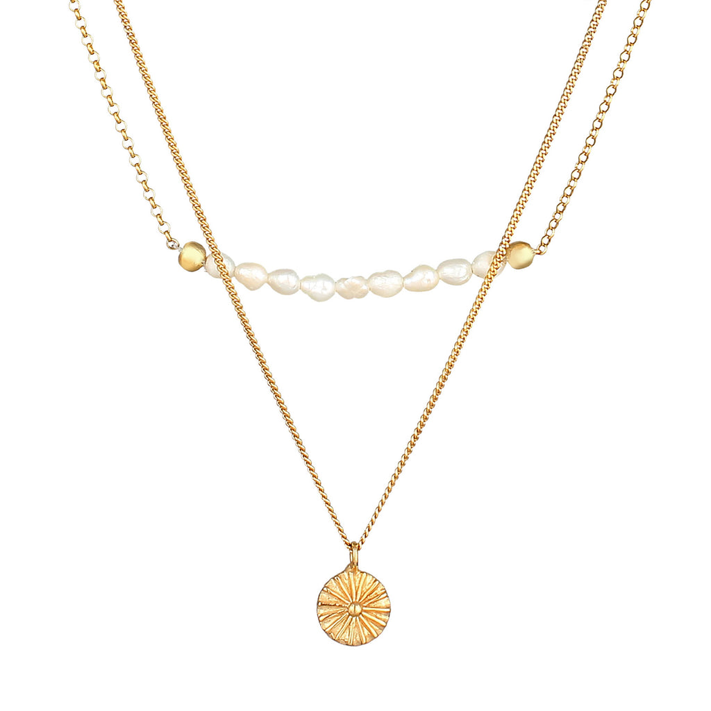 Gold Kalung Perhiasan Perak 925 Wanita Layer Coin Boho Freshwater Pearls Gold Plated