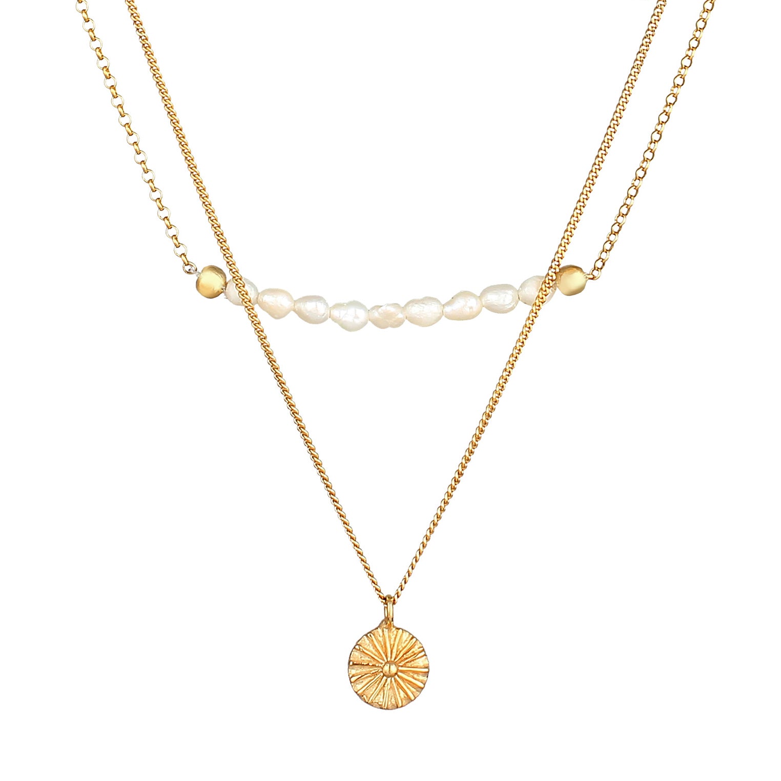 Gold Kalung Perhiasan Perak 925 Wanita Layer Coin Boho Freshwater Pearls Gold Plated