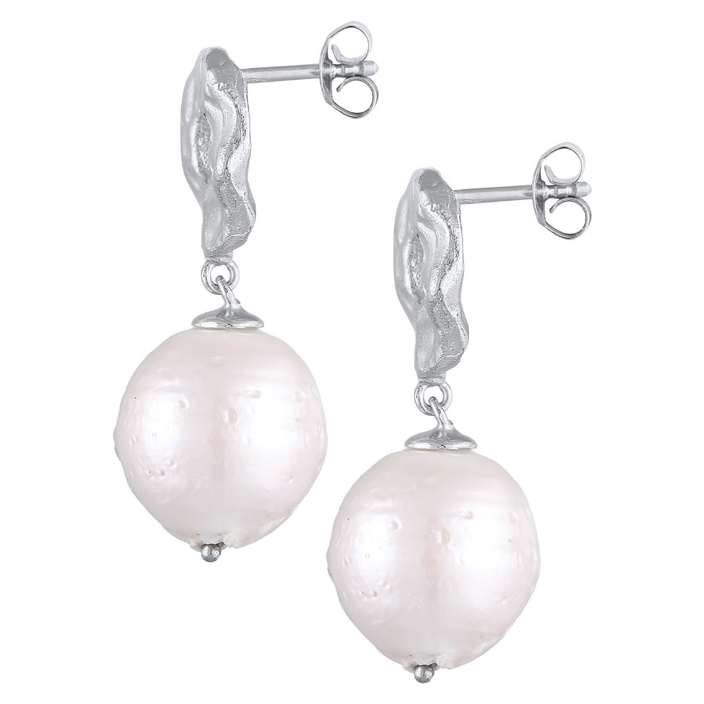 Silver Perhiasan Wanita Perak Asli - Silver Anting Ear Hanger Baroque Structured Freshwater Pearls