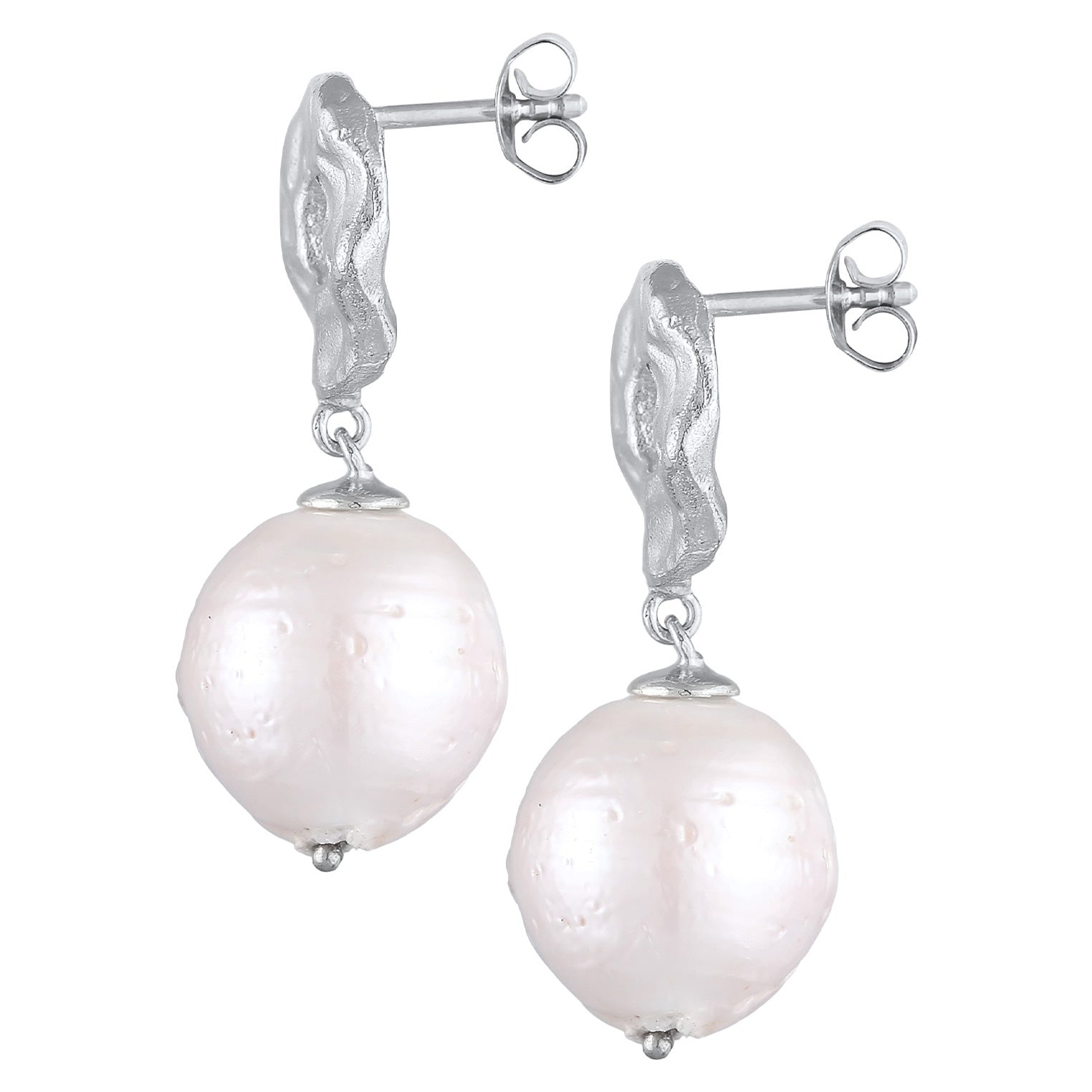 Silver Perhiasan Wanita Perak Asli - Silver Anting Ear Hanger Baroque Structured Freshwater Pearls