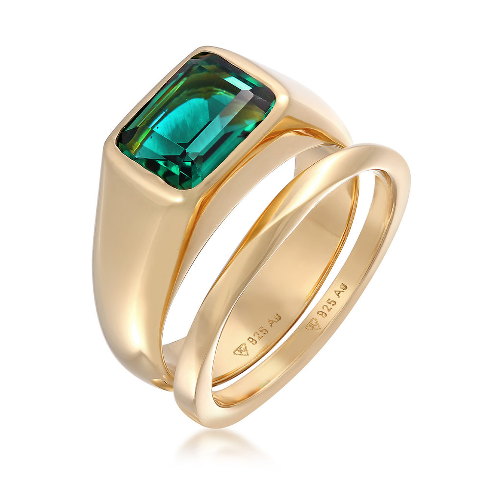 Ring Signet Classic Set Of 2 Quartz Gem 925 Sterling Silver Gold Plated
