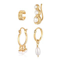 Gold Anting Perhiasan Perak 925 Wanita Earcuff Creole Climber Set Elegant Freshwater Pearls Gold Plated