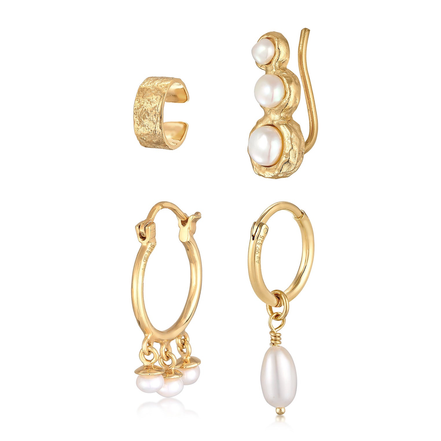 Gold Anting Perhiasan Perak 925 Wanita Earcuff Creole Climber Set Elegant Freshwater Pearls Gold Plated