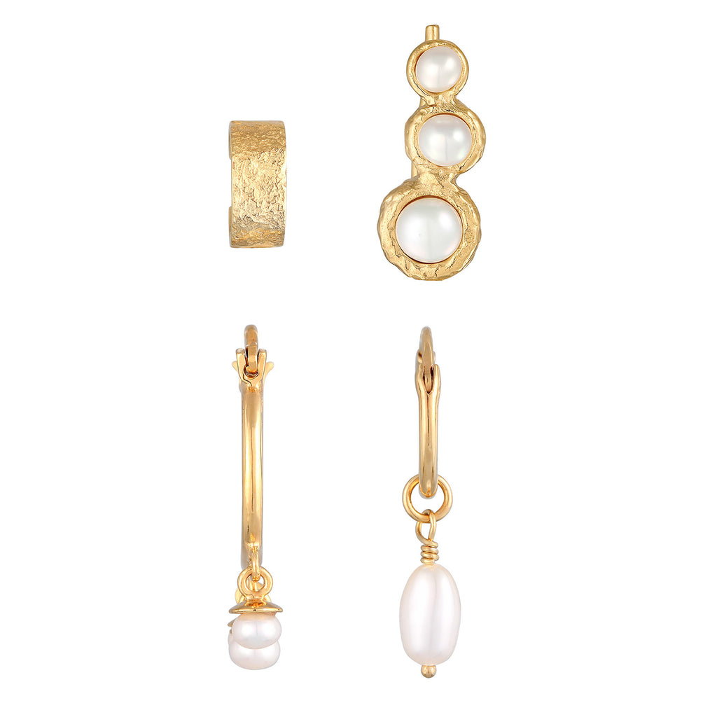 Gold Anting Perhiasan Perak 925 Wanita Earcuff Creole Climber Set Elegant Freshwater Pearls Gold Plated