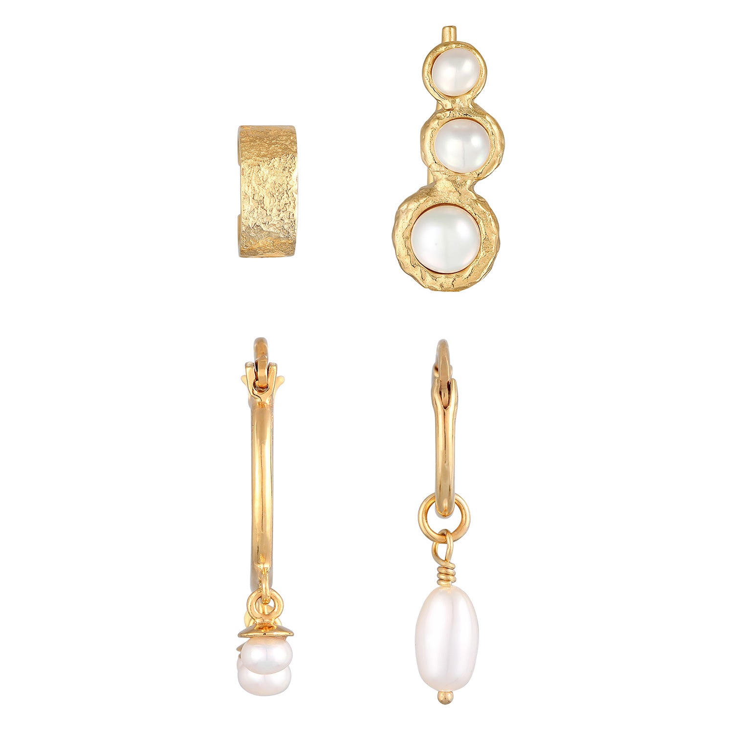 Gold Anting Perhiasan Perak 925 Wanita Earcuff Creole Climber Set Elegant Freshwater Pearls Gold Plated