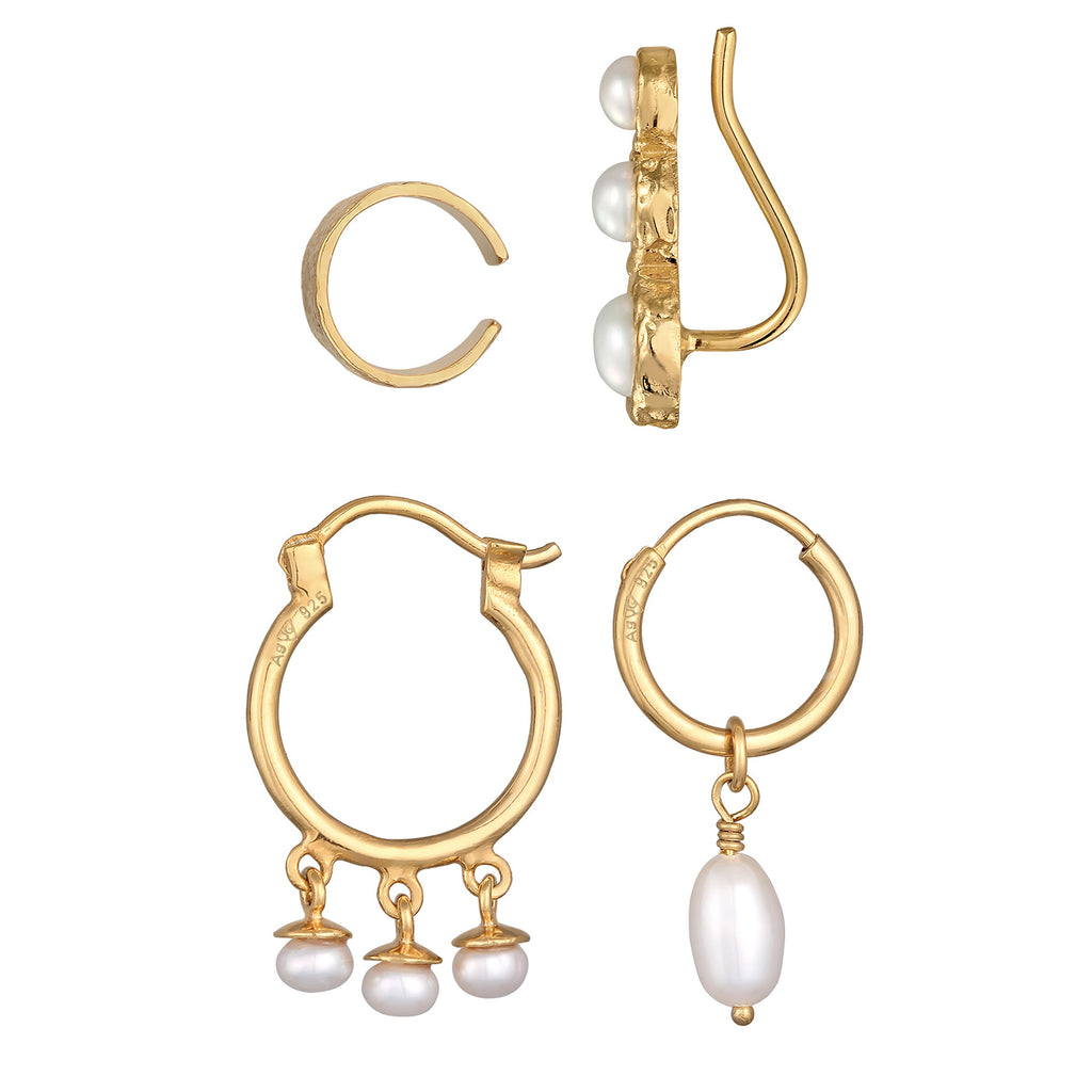 Gold Anting Perhiasan Perak 925 Wanita Earcuff Creole Climber Set Elegant Freshwater Pearls Gold Plated