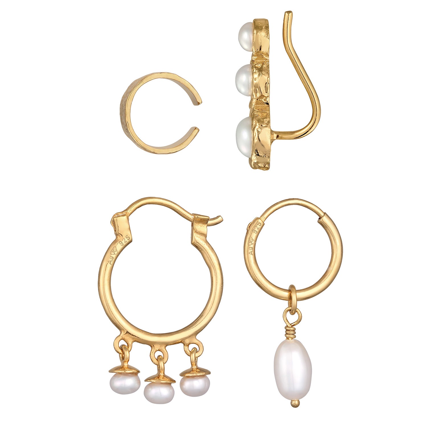 Gold Anting Perhiasan Perak 925 Wanita Earcuff Creole Climber Set Elegant Freshwater Pearls Gold Plated