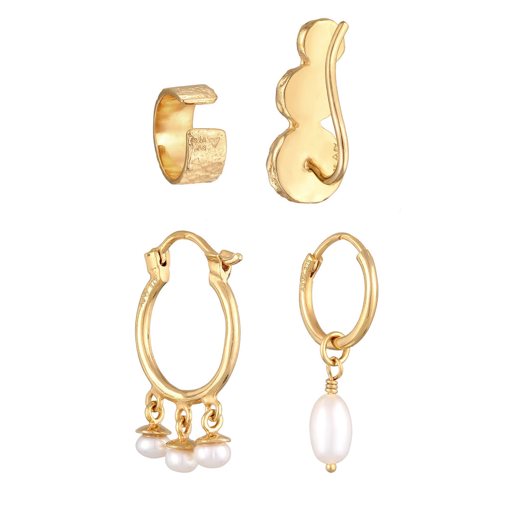 Gold Anting Perhiasan Perak 925 Wanita Earcuff Creole Climber Set Elegant Freshwater Pearls Gold Plated