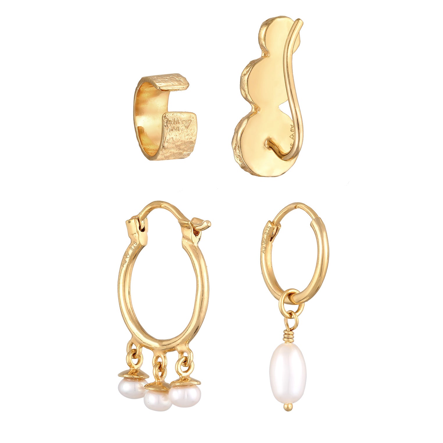 Gold Anting Perhiasan Perak 925 Wanita Earcuff Creole Climber Set Elegant Freshwater Pearls Gold Plated