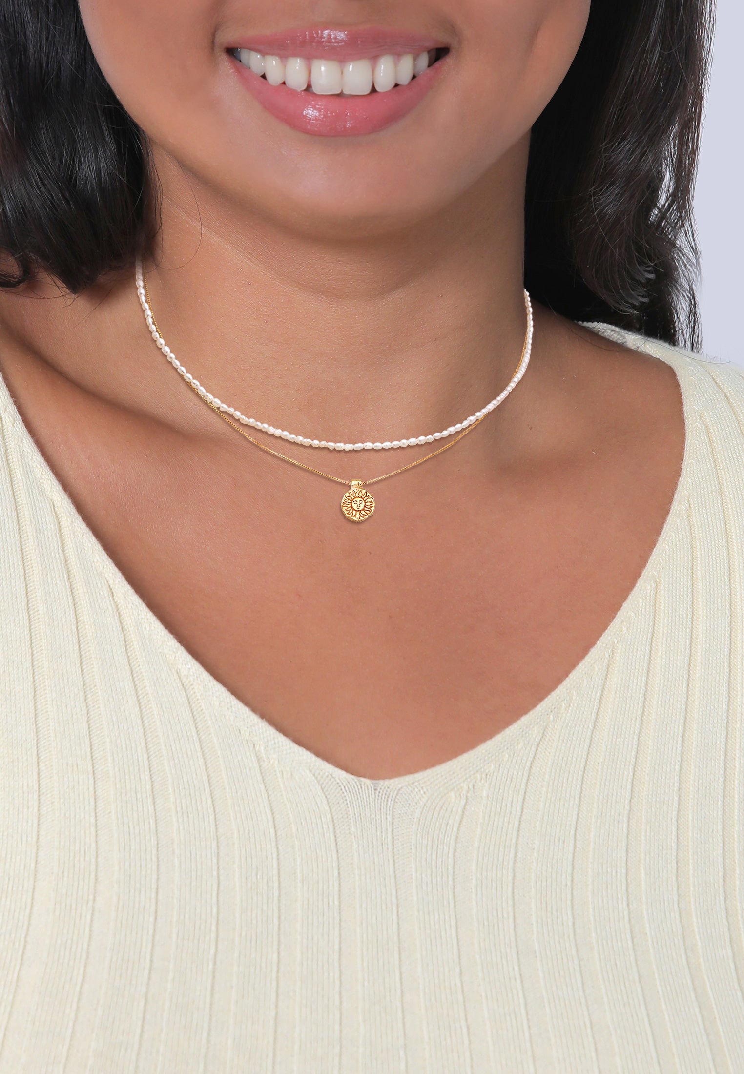 Gold Kalung Perhiasan Perak 925 Wanita Choker Sun Pendant Layer Freshwater Pearls Gold Plated