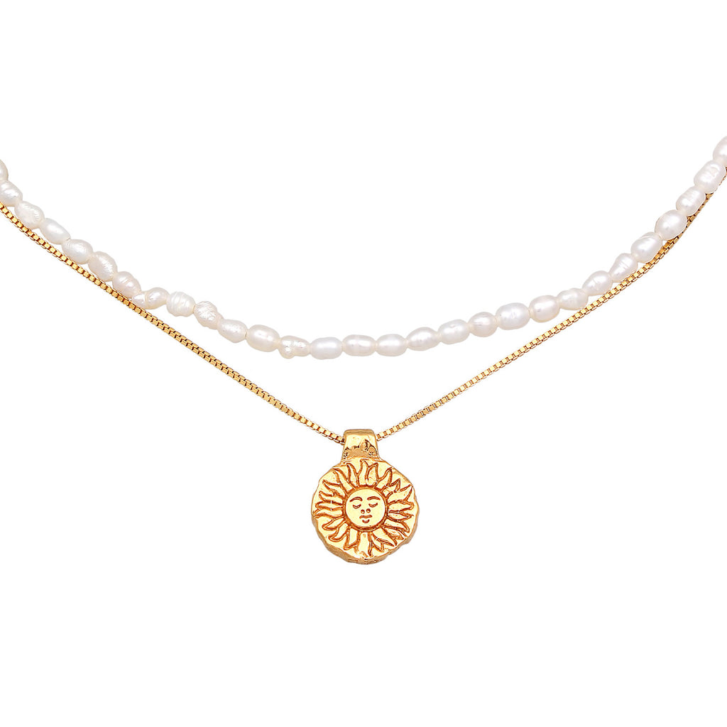 Gold Kalung Perhiasan Perak 925 Wanita Choker Sun Pendant Layer Freshwater Pearls Gold Plated