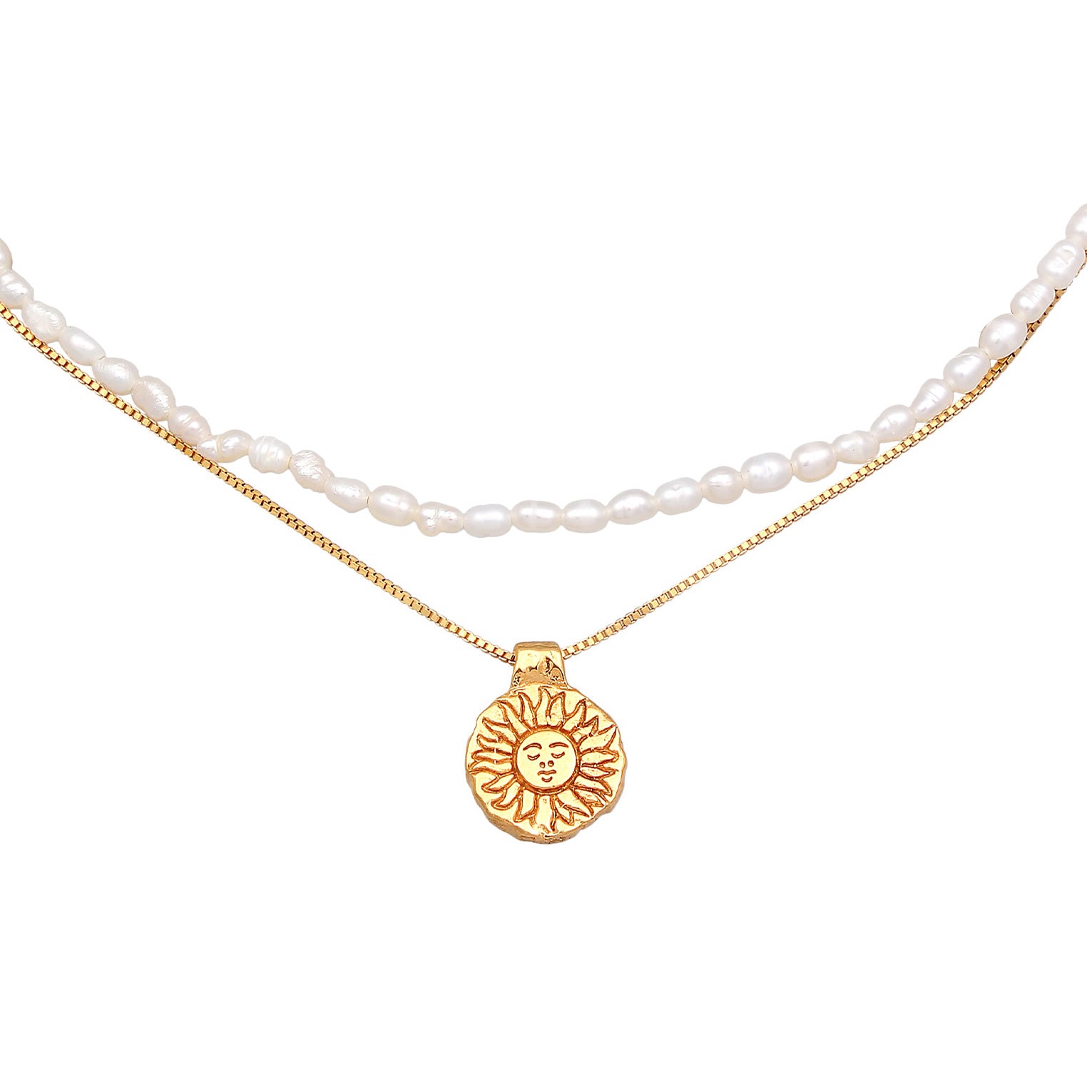 Gold Kalung Perhiasan Perak 925 Wanita Choker Sun Pendant Layer Freshwater Pearls Gold Plated