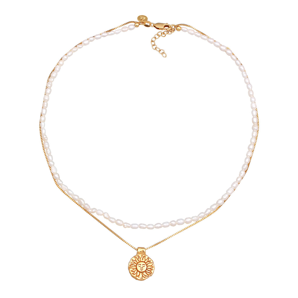Gold Kalung Perhiasan Perak 925 Wanita Choker Sun Pendant Layer Freshwater Pearls Gold Plated