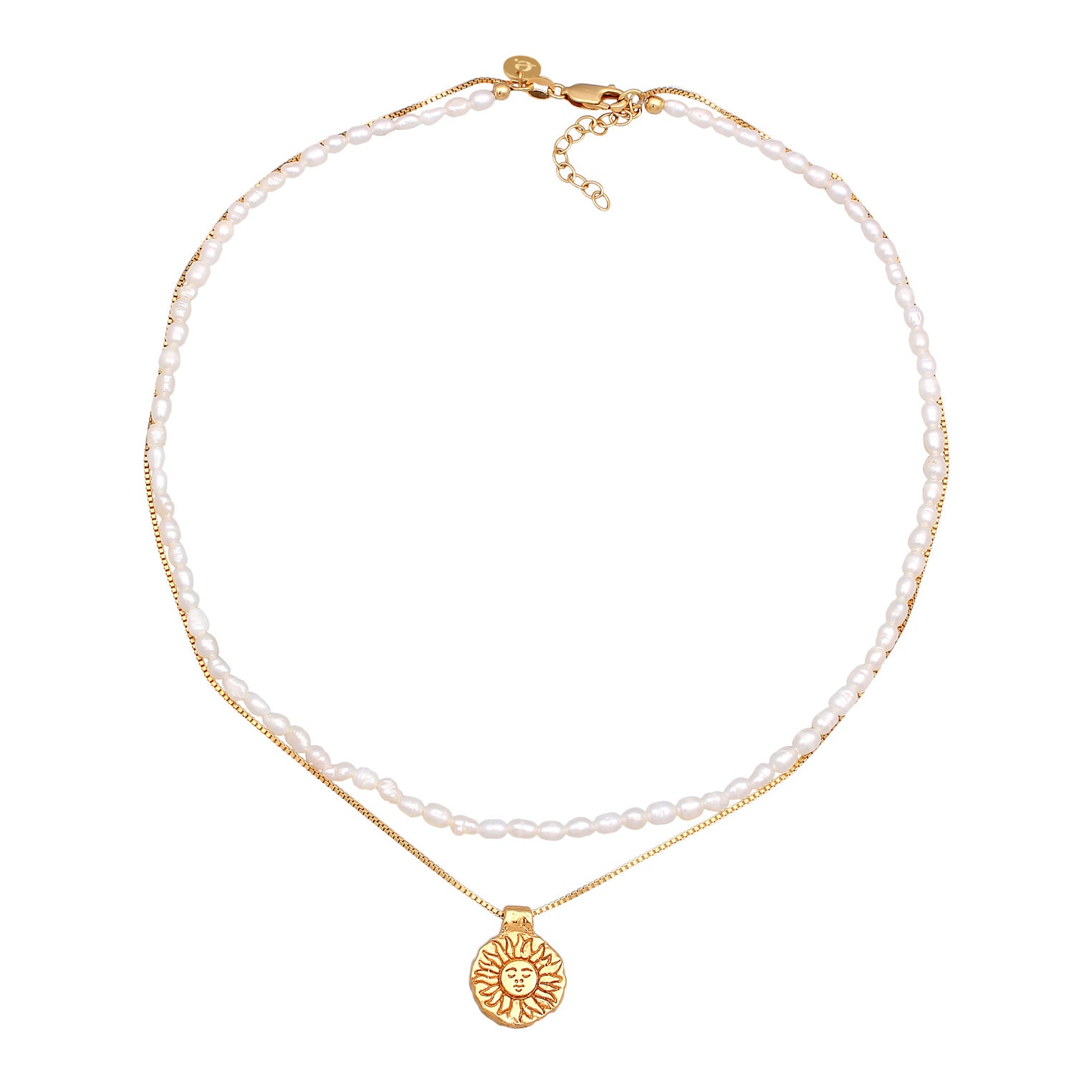 Gold Kalung Perhiasan Perak 925 Wanita Choker Sun Pendant Layer Freshwater Pearls Gold Plated