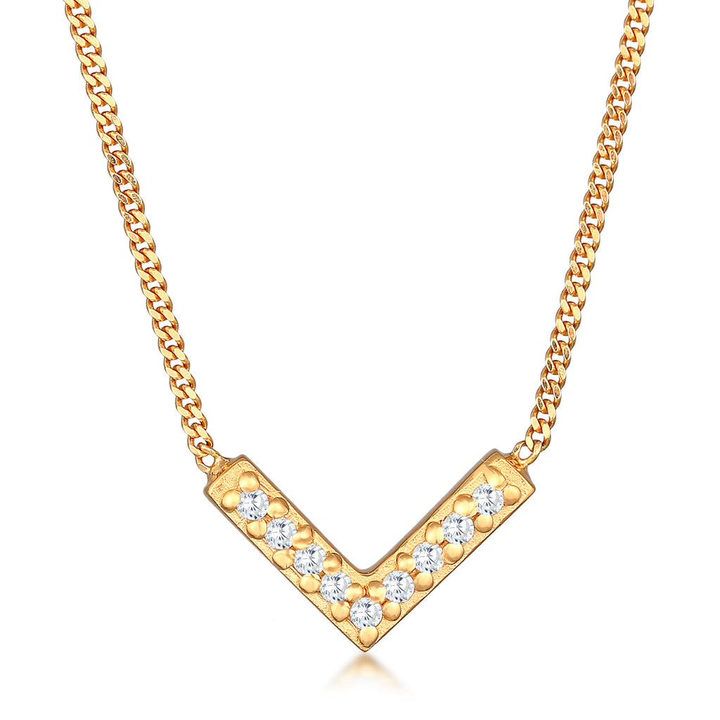 Gold Kalung Perhiasan Perak 925 Wanita V Shape Sparkling Elegant Zirconia Crystals Gold Plated