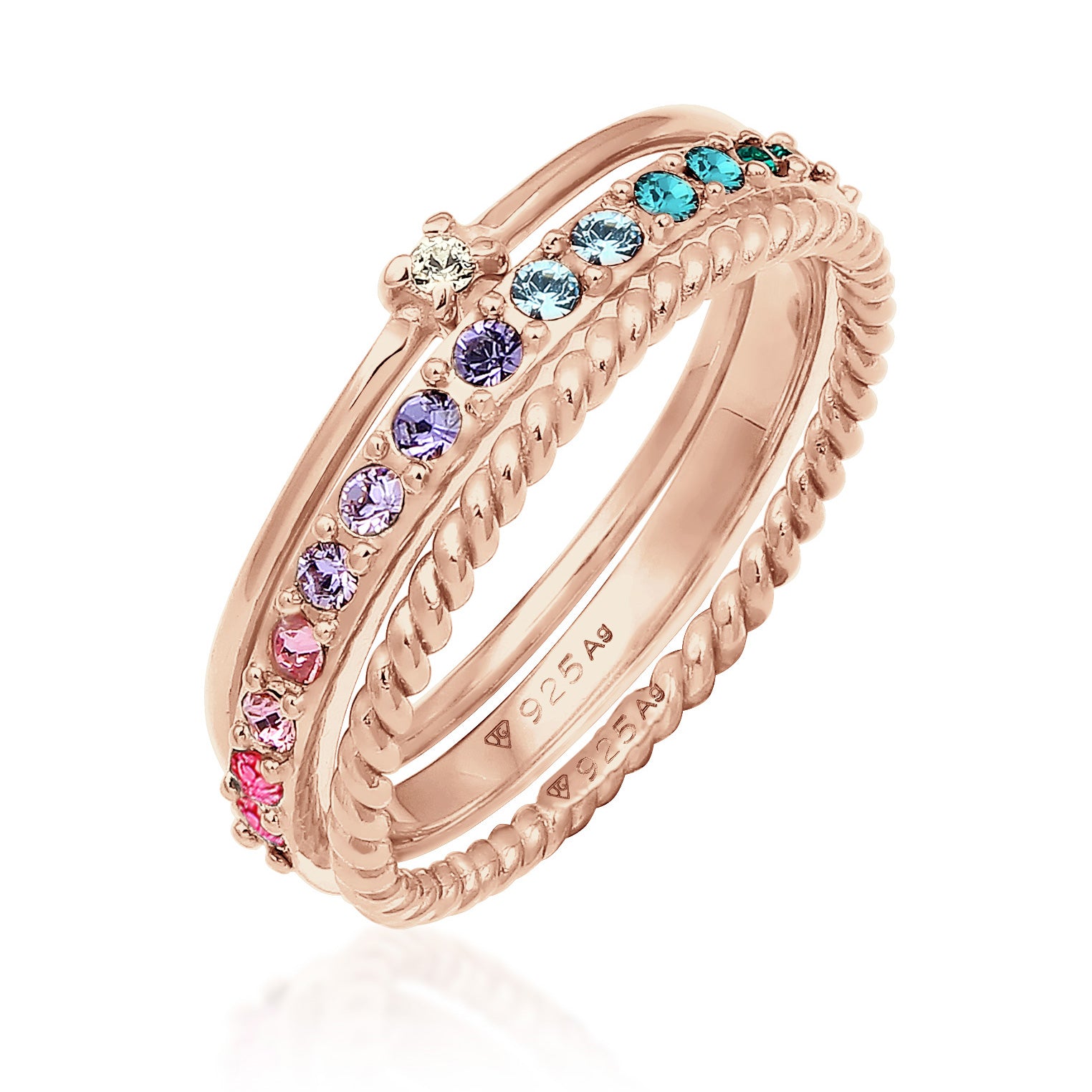 Rosegold Perhiasan Wanita Perak Asli - Silver Cincin Set Multi-Colour Crystals Rosegold Plated