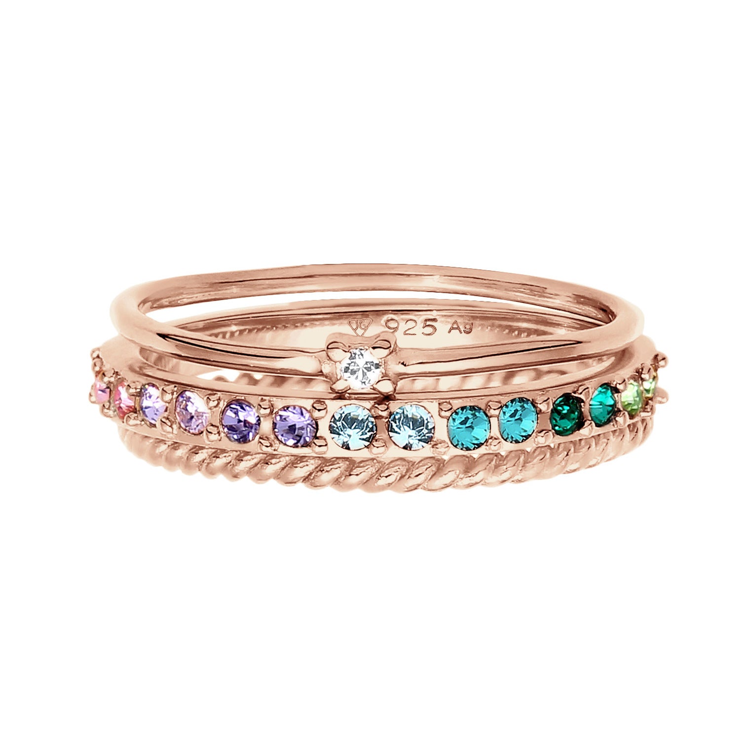 Rosegold Perhiasan Wanita Perak Asli - Silver Cincin Set Multi-Colour Crystals Rosegold Plated