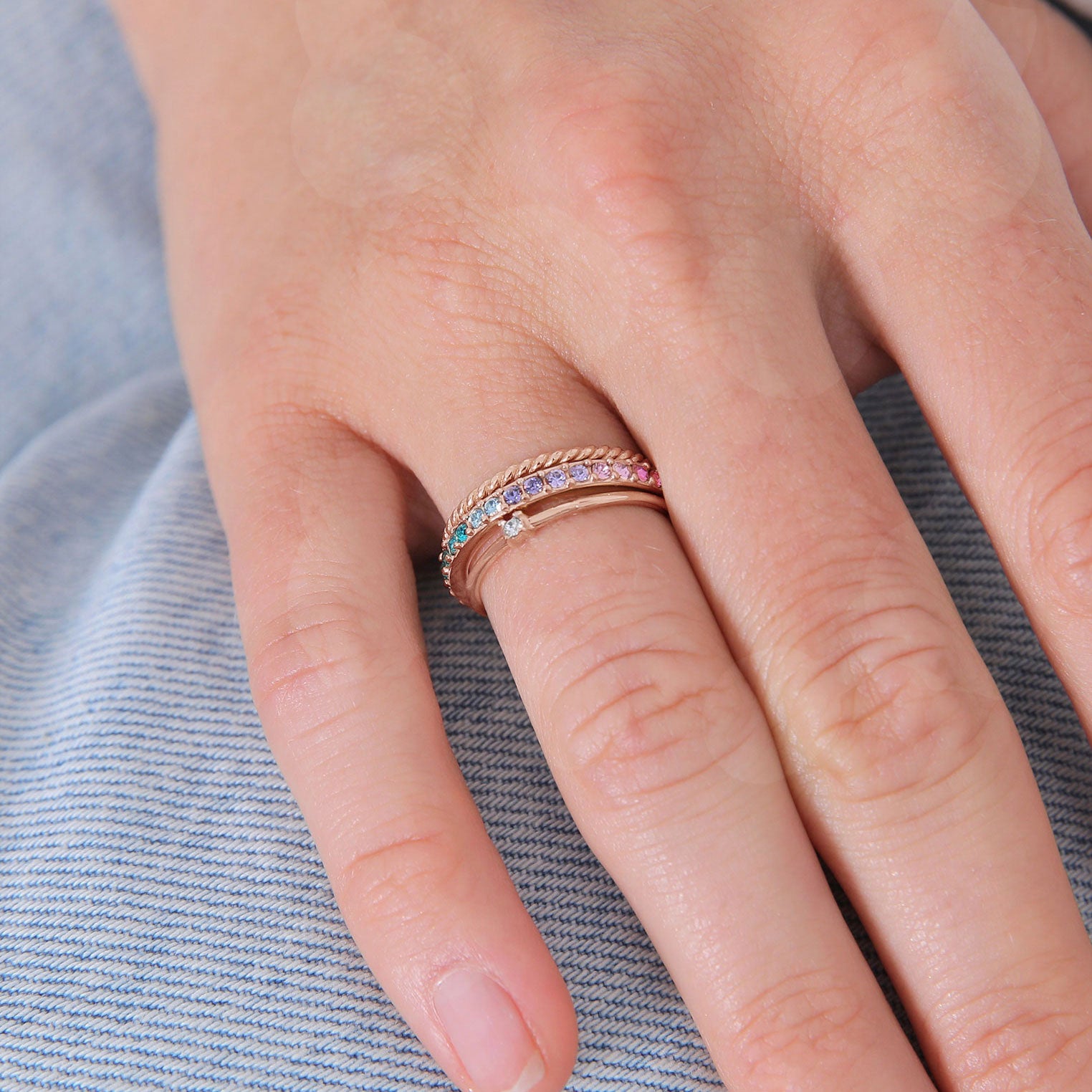 Rosegold Perhiasan Wanita Perak Asli - Silver Cincin Set Multi-Colour Crystals Rosegold Plated