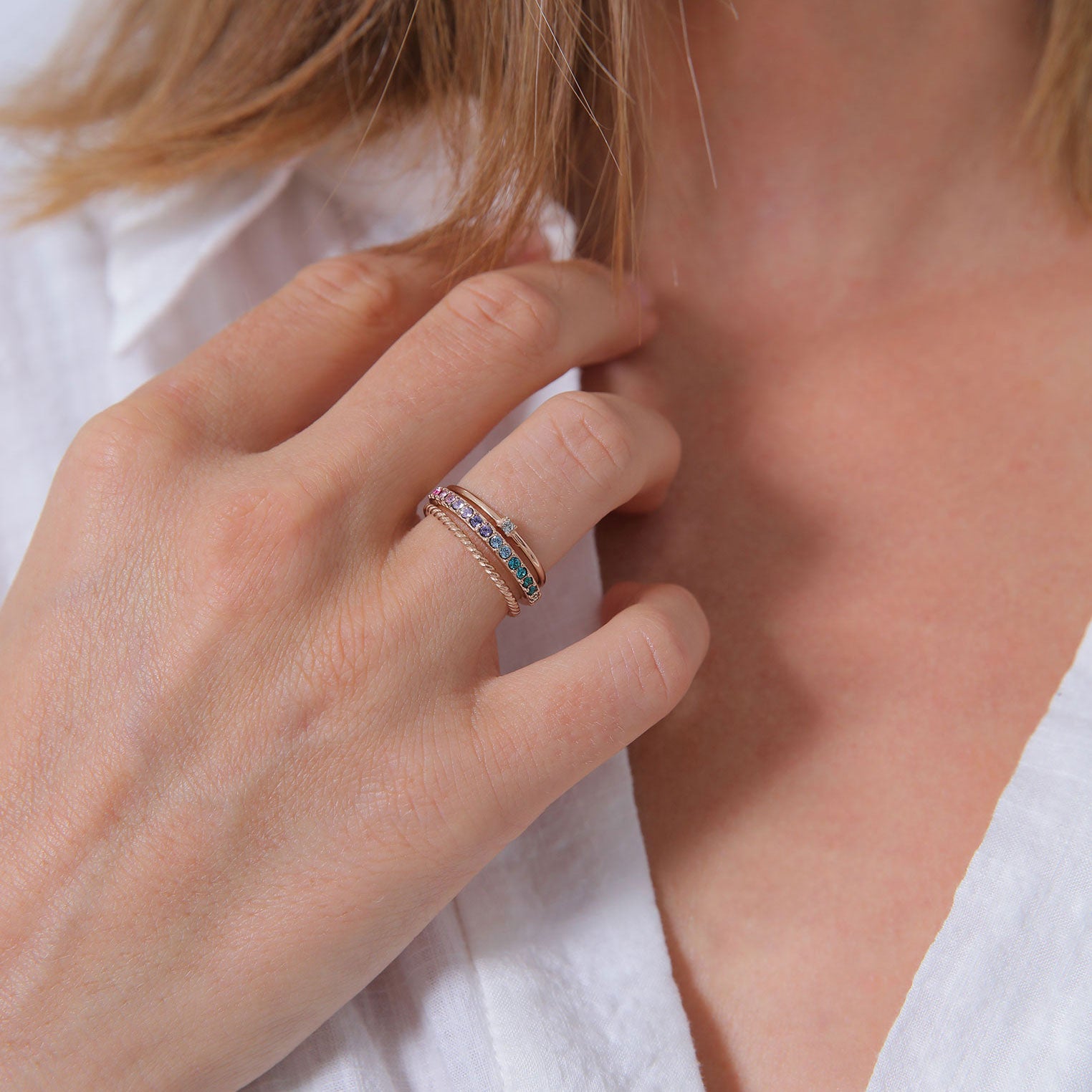 Rosegold Perhiasan Wanita Perak Asli - Silver Cincin Set Multi-Colour Crystals Rosegold Plated