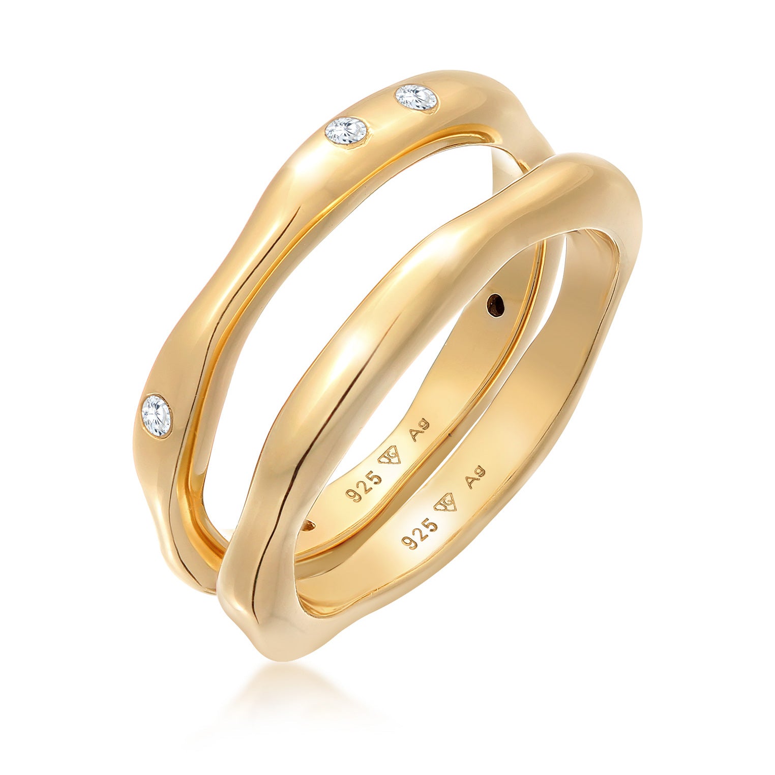 Gold Perhiasan Wanita Perak Asli - Silver Cincin Band Set Of 2 Basic Zirconia Crystals Gold Plated