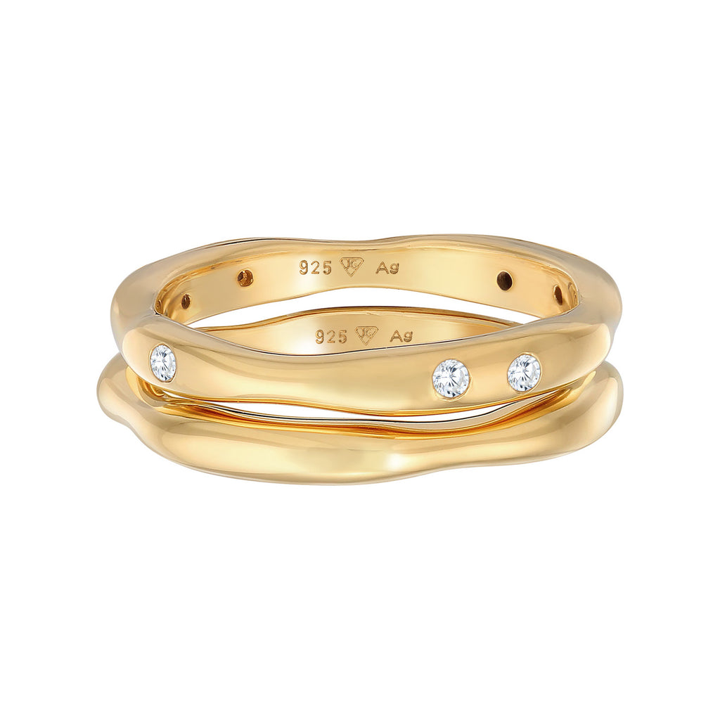 Gold Perhiasan Wanita Perak Asli - Silver Cincin Band Set Of 2 Basic Zirconia Crystals Gold Plated