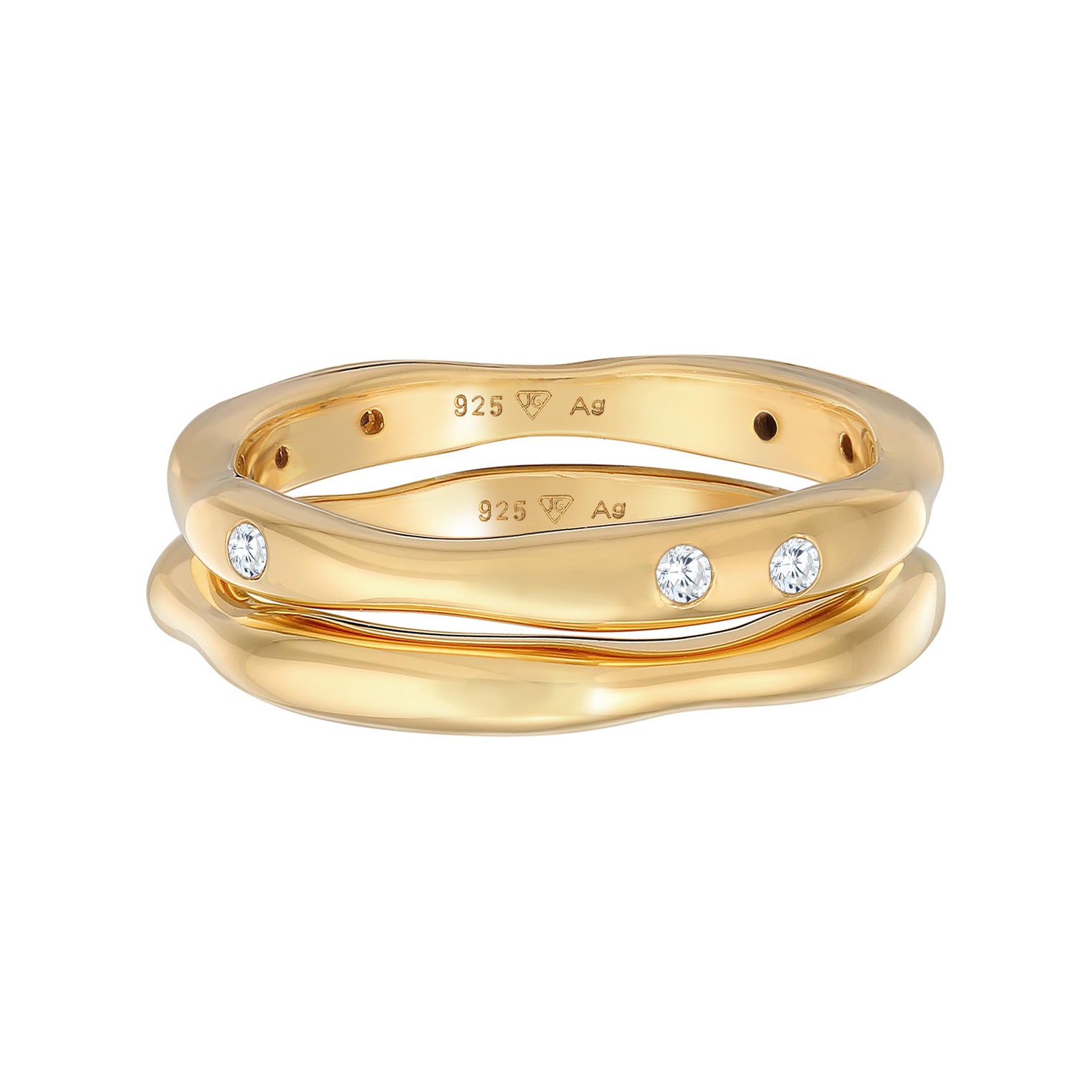 Gold Perhiasan Wanita Perak Asli - Silver Cincin Band Set Of 2 Basic Zirconia Crystals Gold Plated