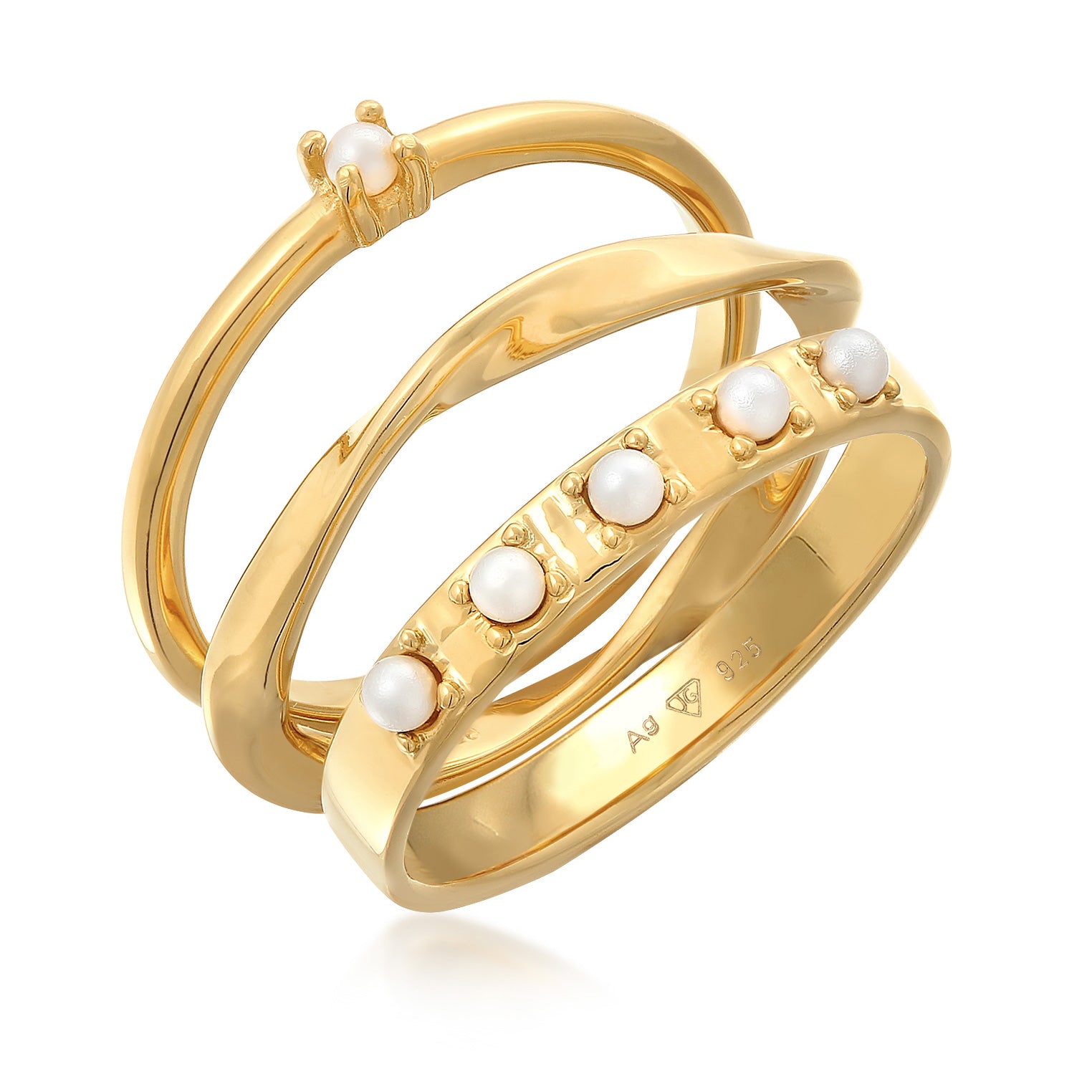 Gold Cincin Perhiasan Perak 925 Wanita Stack Of 3 Classic Pearl Gold Plated