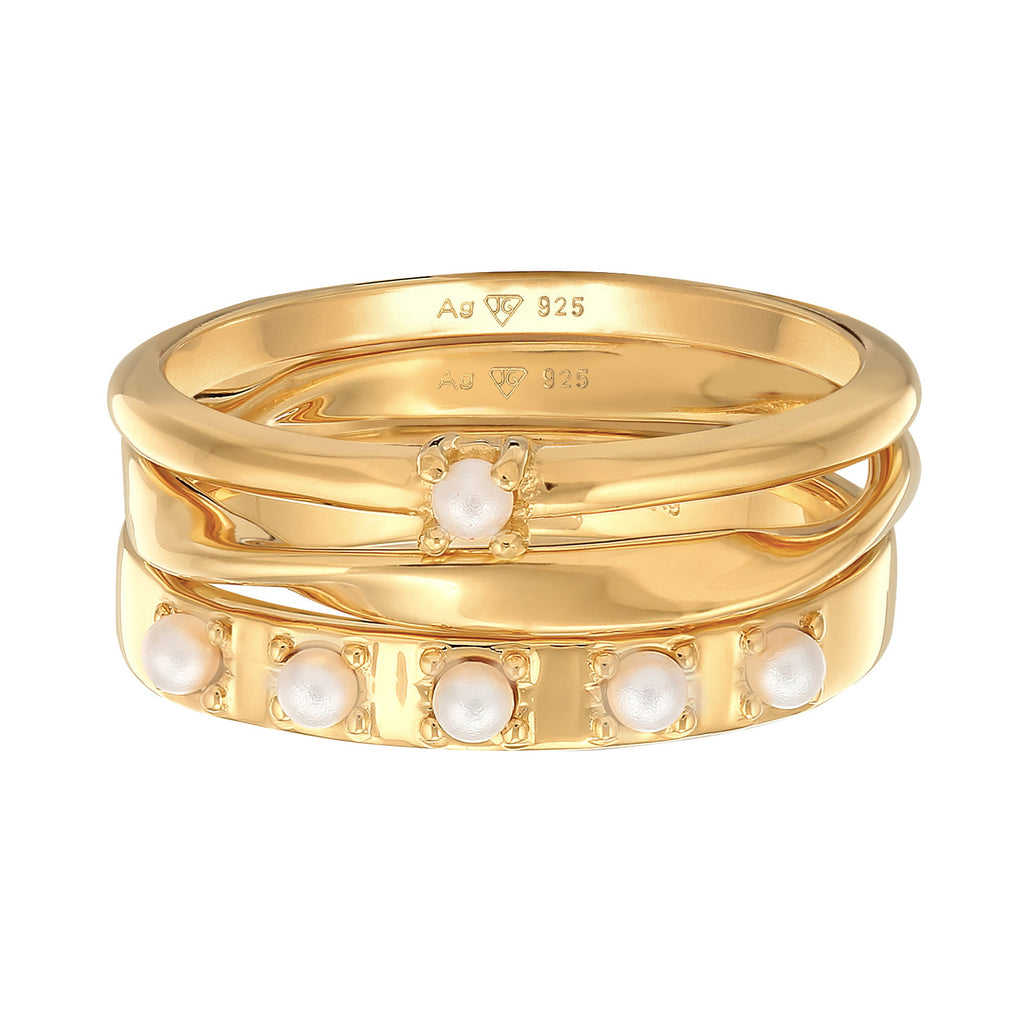 Gold Cincin Perhiasan Perak 925 Wanita Stack Of 3 Classic Pearl Gold Plated