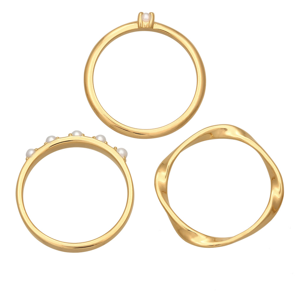 Gold Cincin Perhiasan Perak 925 Wanita Stack Of 3 Classic Pearl Gold Plated