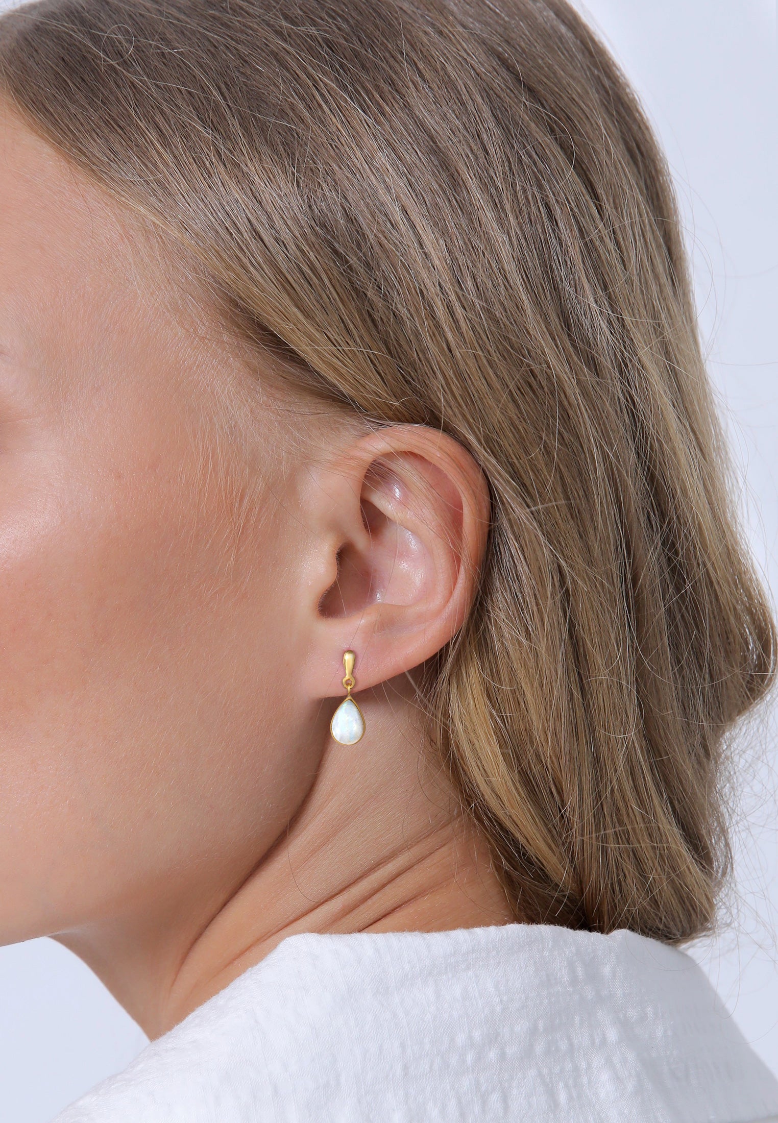 Gold Perhiasan Wanita Perak Asli - Silver Anting Ear Hanger Drop Elegant Moonstone Gold Plated