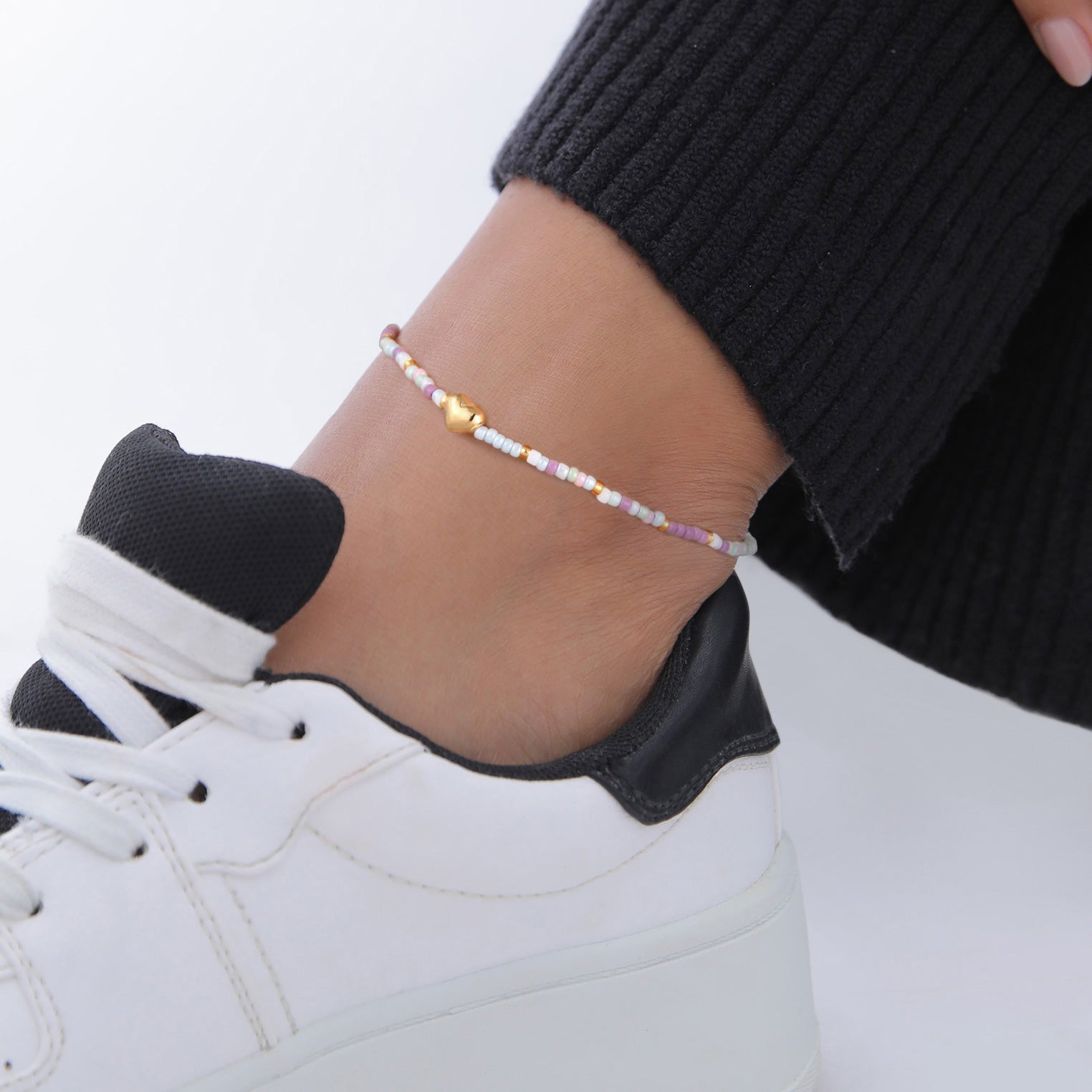 Gold Perhiasan Wanita Perak Asli - Silver Gelang Kaki Heart Glass Beads Summer Style Gold Plated