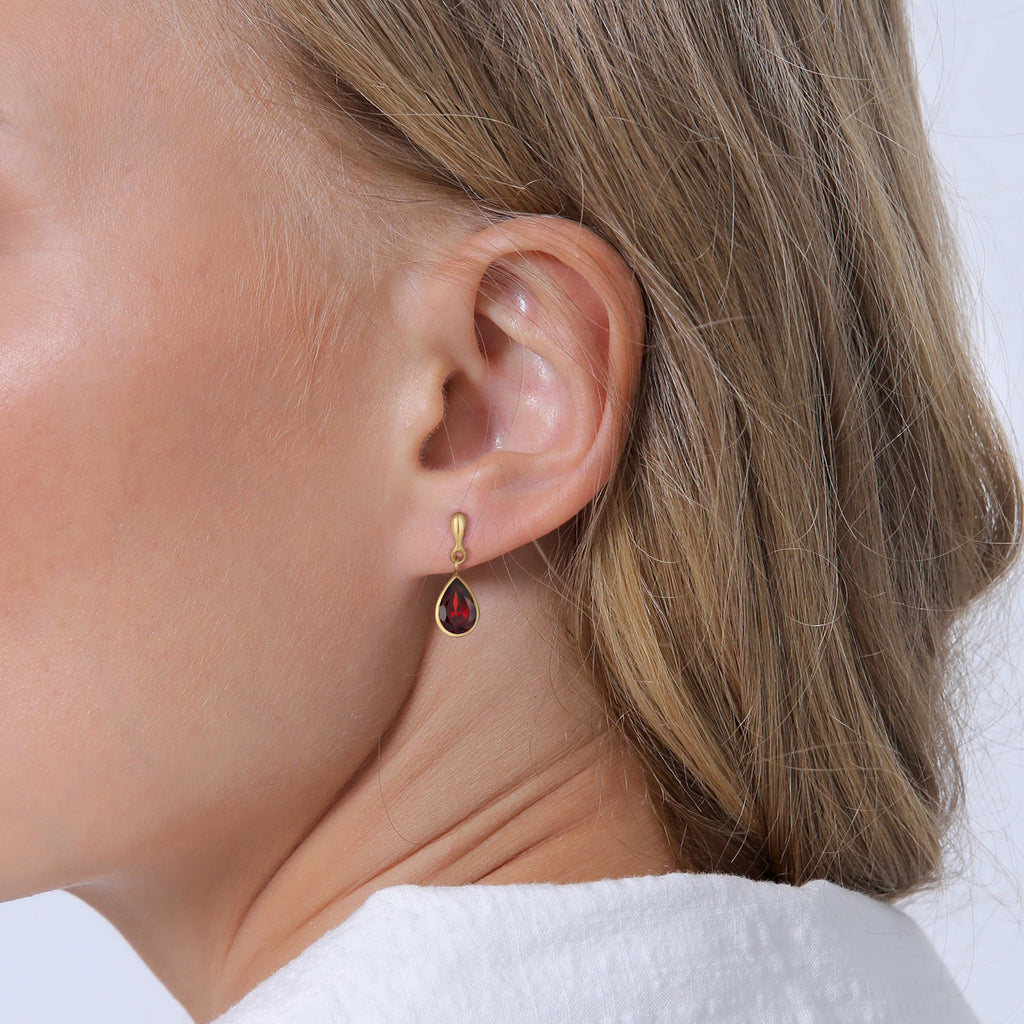 Gold Anting Perhiasan Perak 925 Wanita Ear Hanger Drop Elegant Garnet Gold Plated