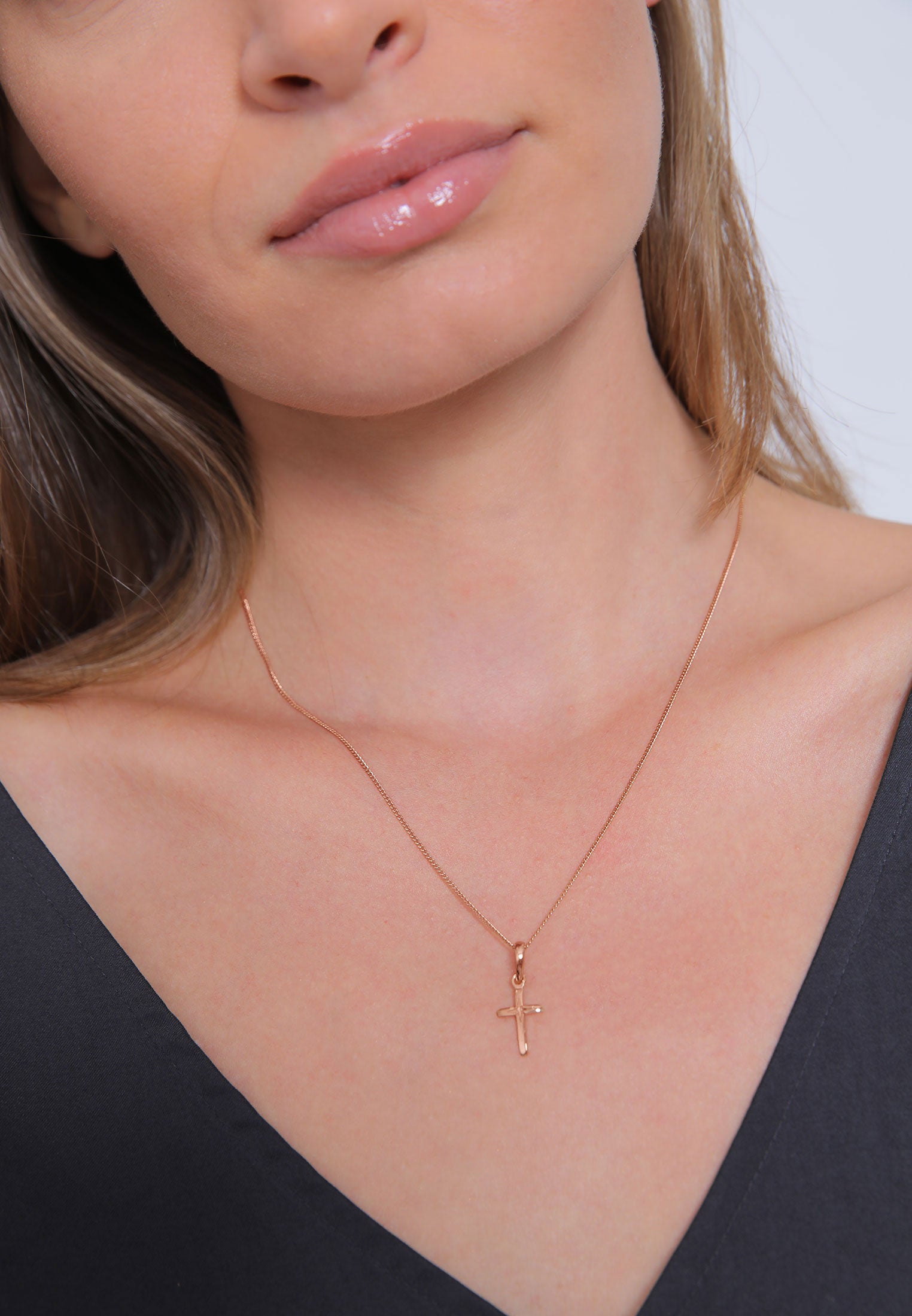 Rosegold Perhiasan Wanita Perak Asli - Silver Kalung  Cross Religion Star Engraving Lapis Rosegold
