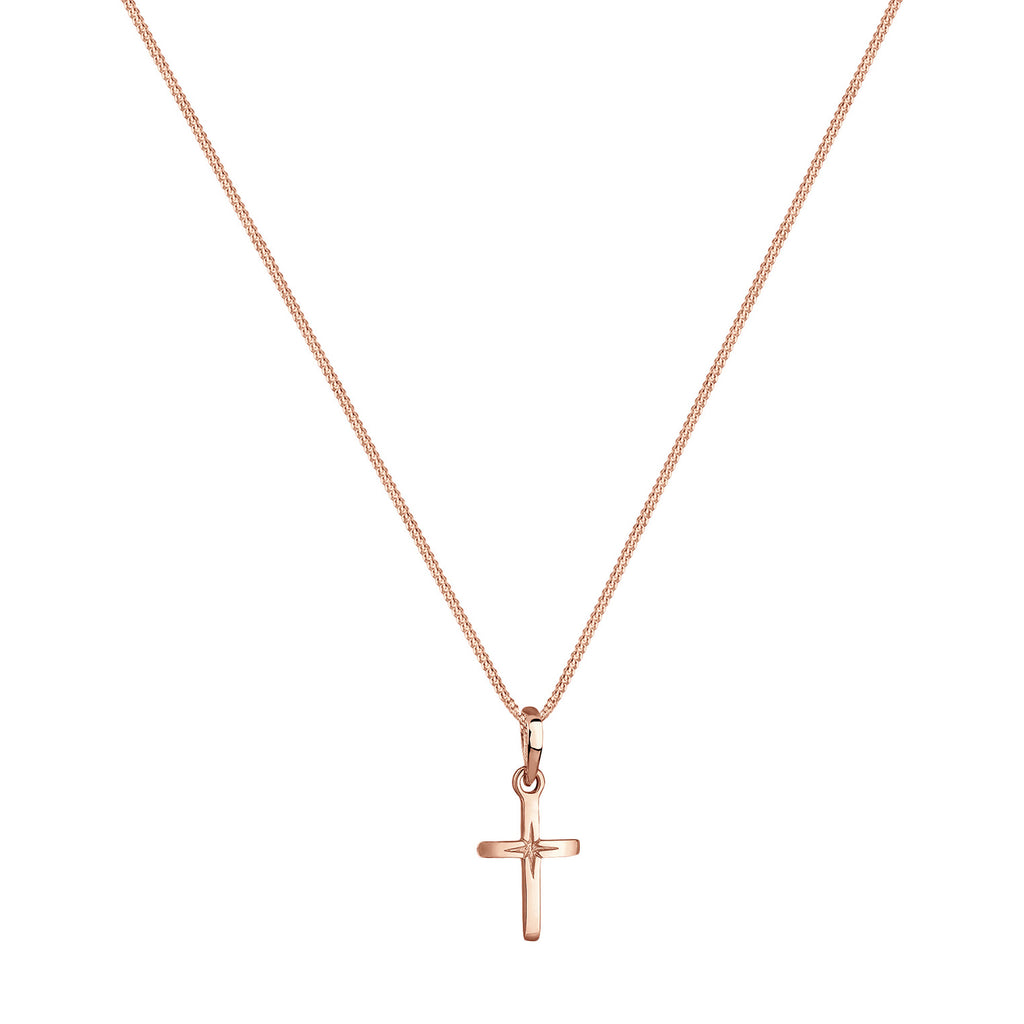 Rosegold Perhiasan Wanita Perak Asli - Silver Kalung  Cross Religion Star Engraving Lapis Rosegold