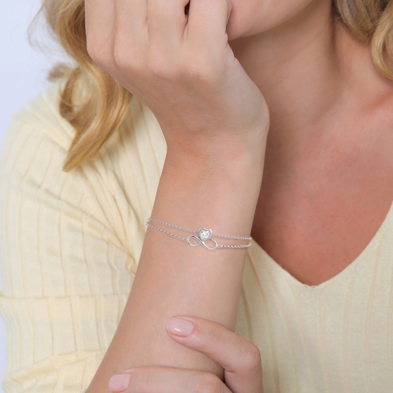 Silver Perhiasan Wanita Perak Asli - Silver Gelang Layer Infinity Heart Zirconia Crystal