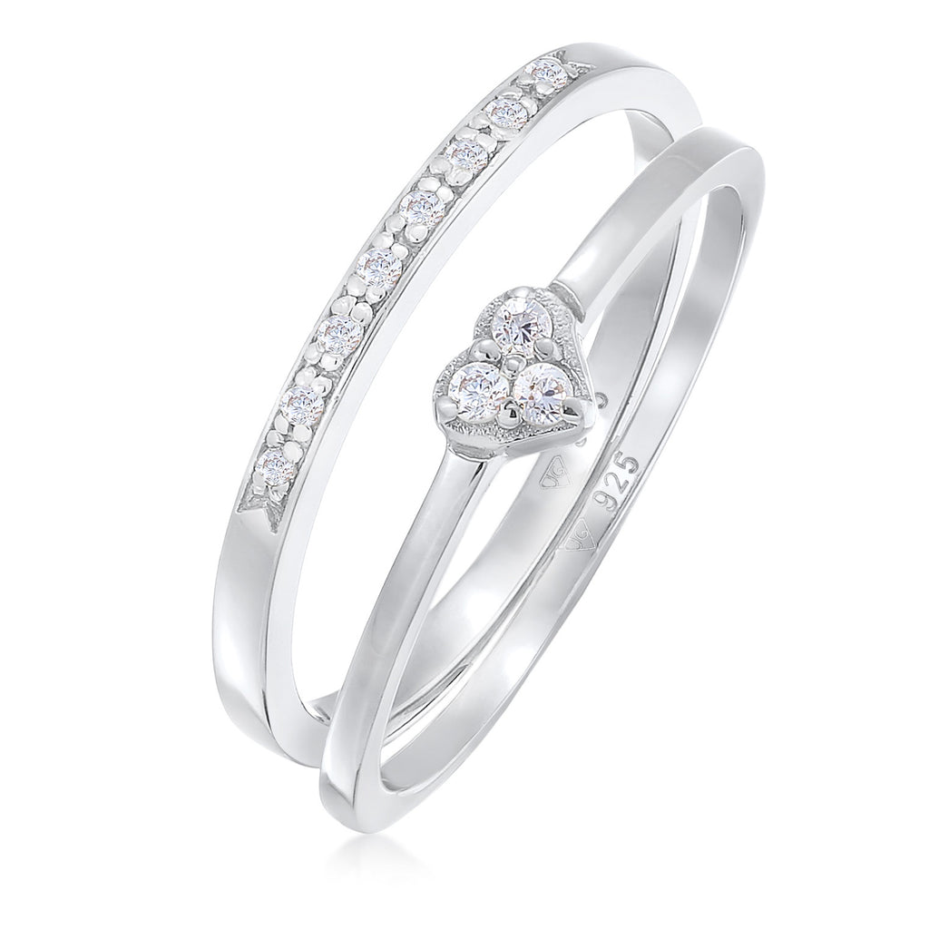 Silver Cincin Perhiasan Perak 925 Wanita Heart Memoire Set Of 2 Zirconia Crystals