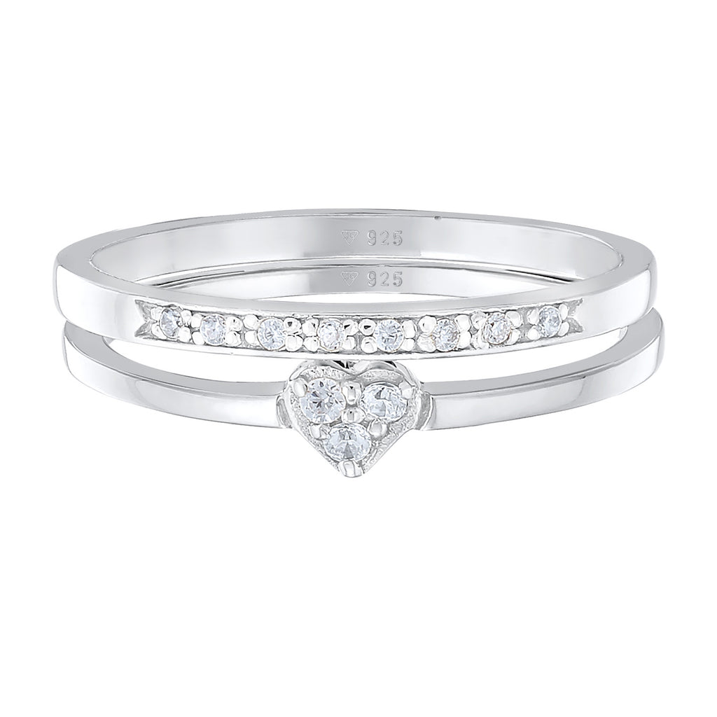 Silver Cincin Perhiasan Perak 925 Wanita Heart Memoire Set Of 2 Zirconia Crystals