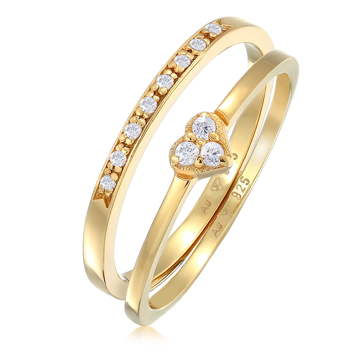 Gold - Elli | Heart Memoire Set of 2 with Zirconia Crystals Ring Set 925 Silver Gold Plated