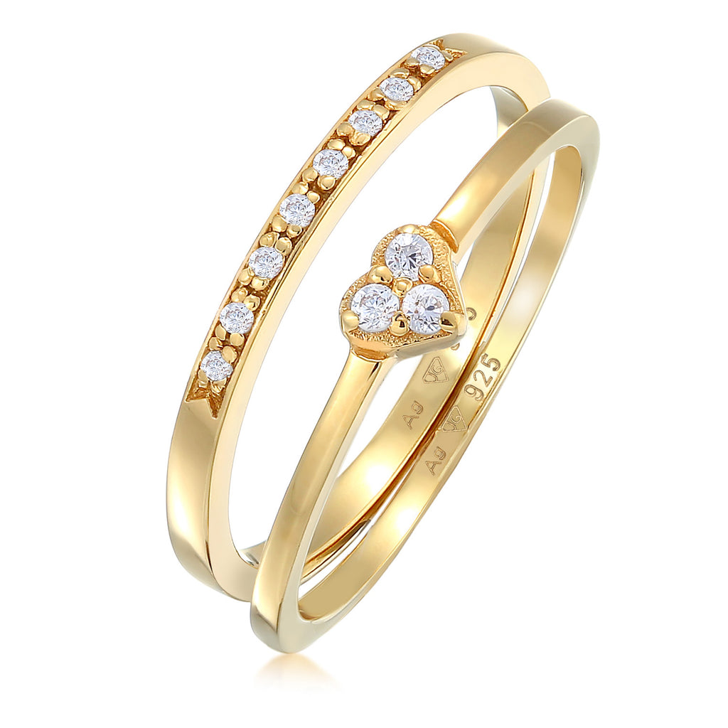 Ring Heart Set Of 2 Zirconia In 925 Sterling Silver Gold Plated