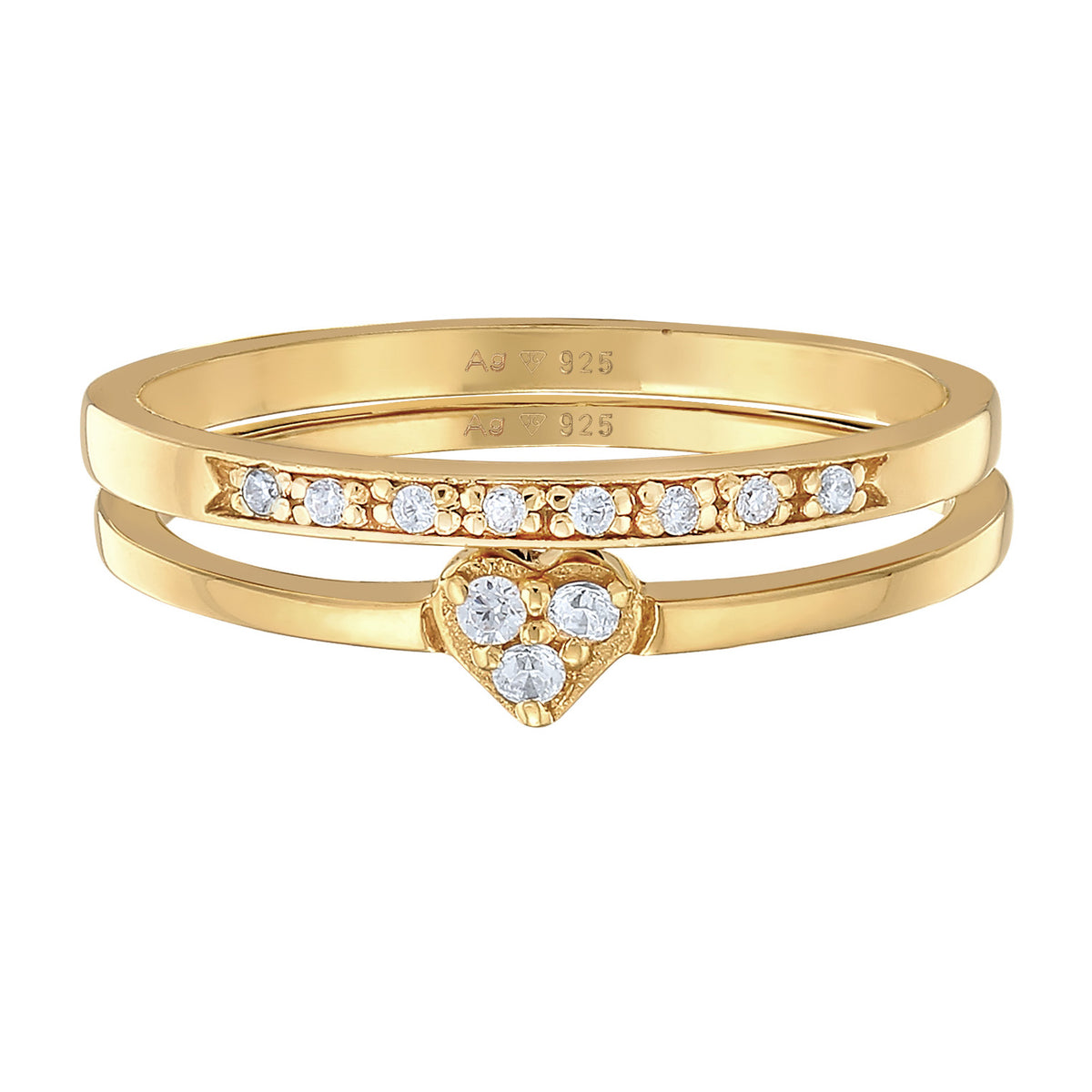 Heart Memoire Set of 2 with Zirconia Crystals Ring Set 925 Silver Gold Plated