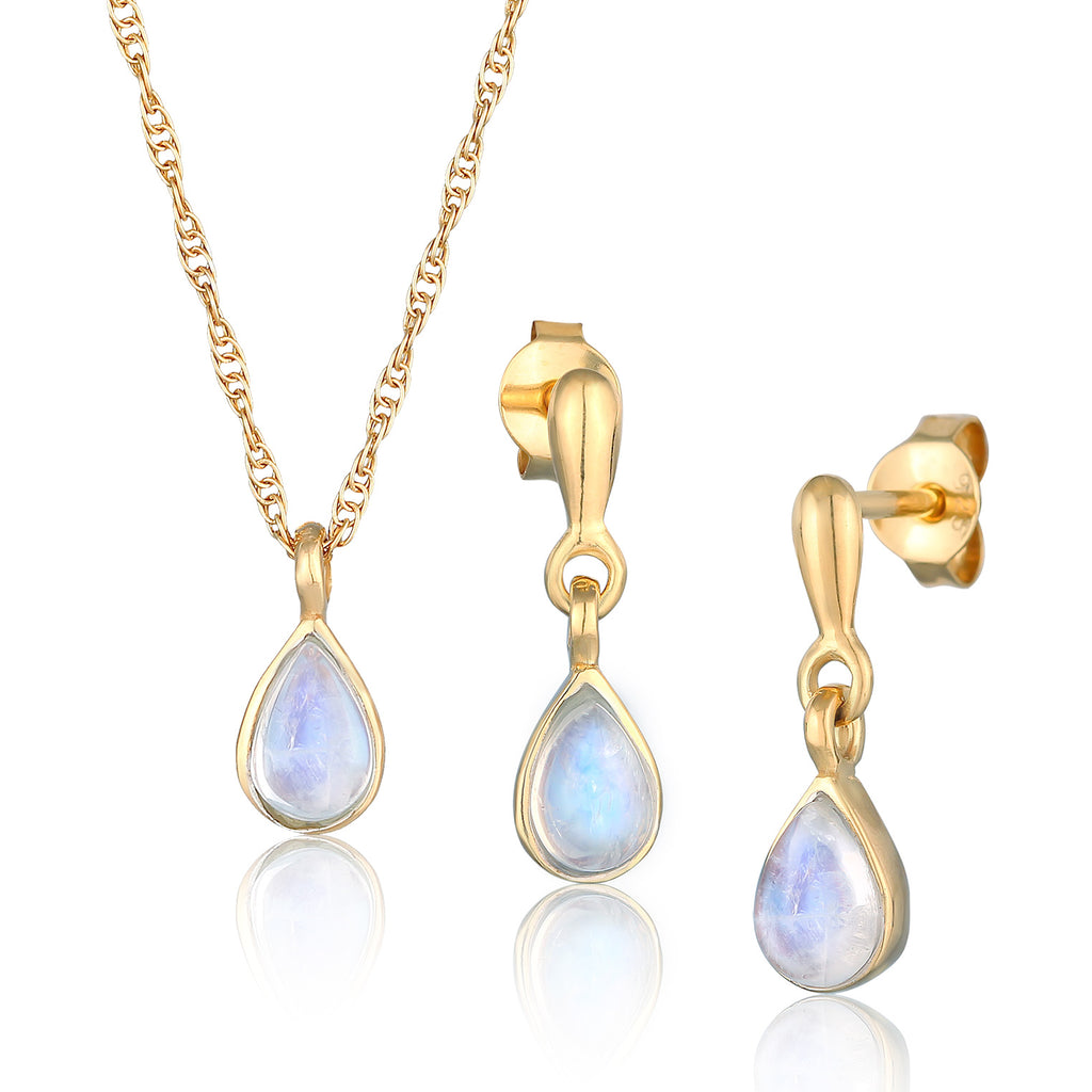 Gold Set Perhiasan Perak 925 Wanita Drop Pendant Moonstone Gold Plated