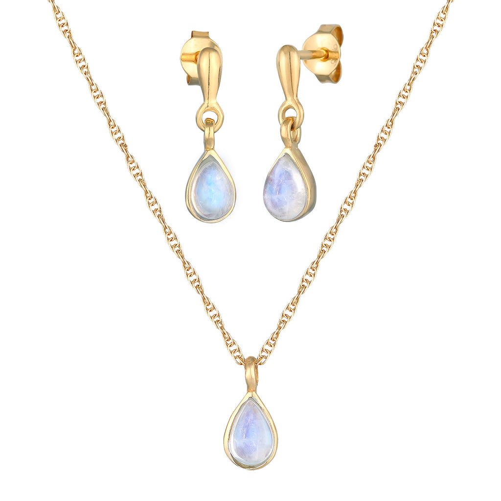 Gold Set Perhiasan Perak 925 Wanita Drop Pendant Moonstone Gold Plated