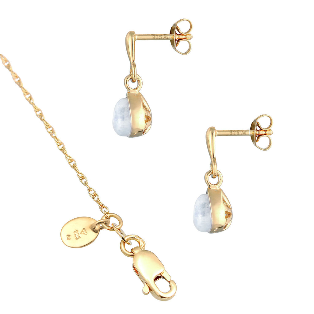 Gold Set Perhiasan Perak 925 Wanita Drop Pendant Moonstone Gold Plated