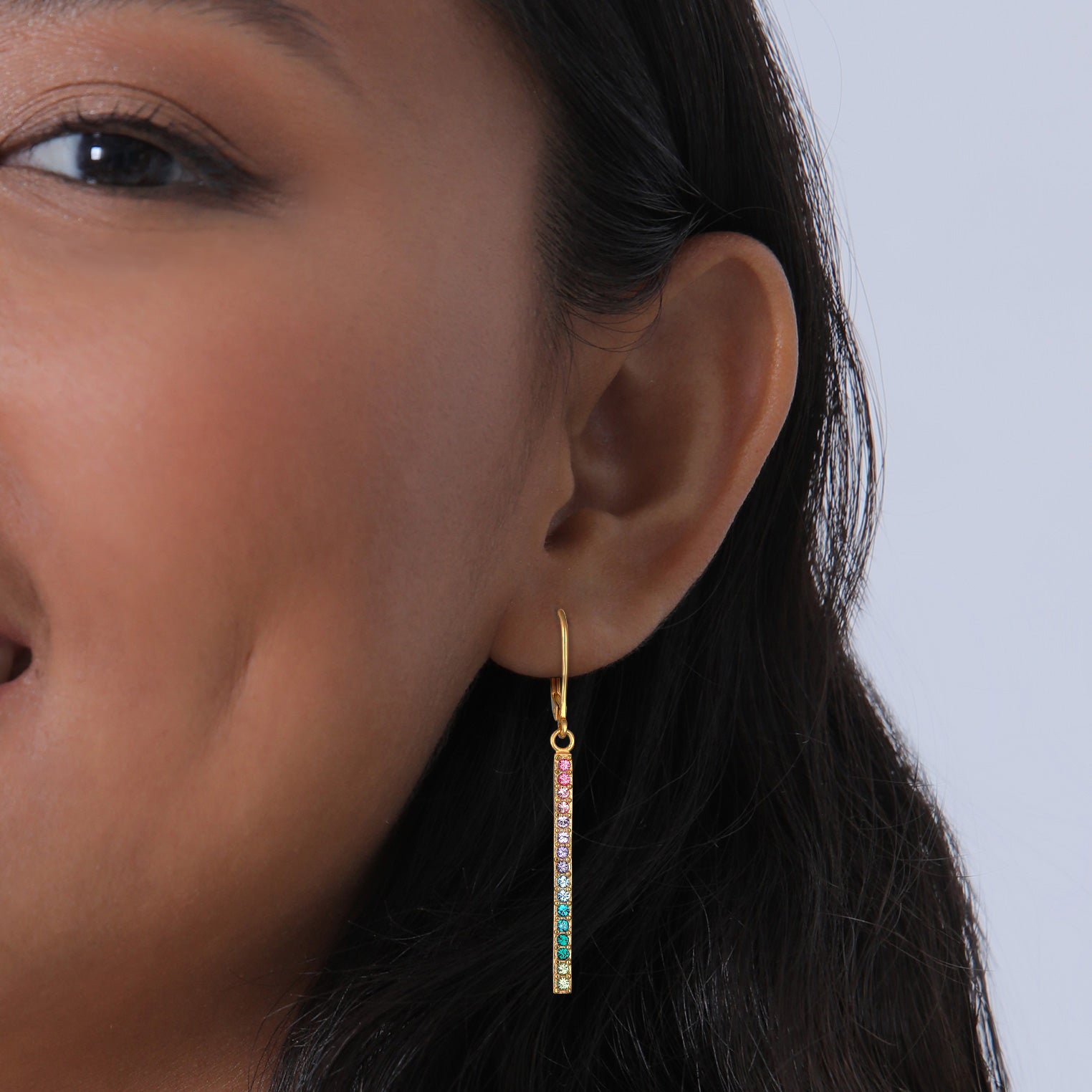 Colored Perhiasan Wanita Perak Asli - Silver Anting Ear Hanger Geo Bar Sparkling Crystals Lapis Emas