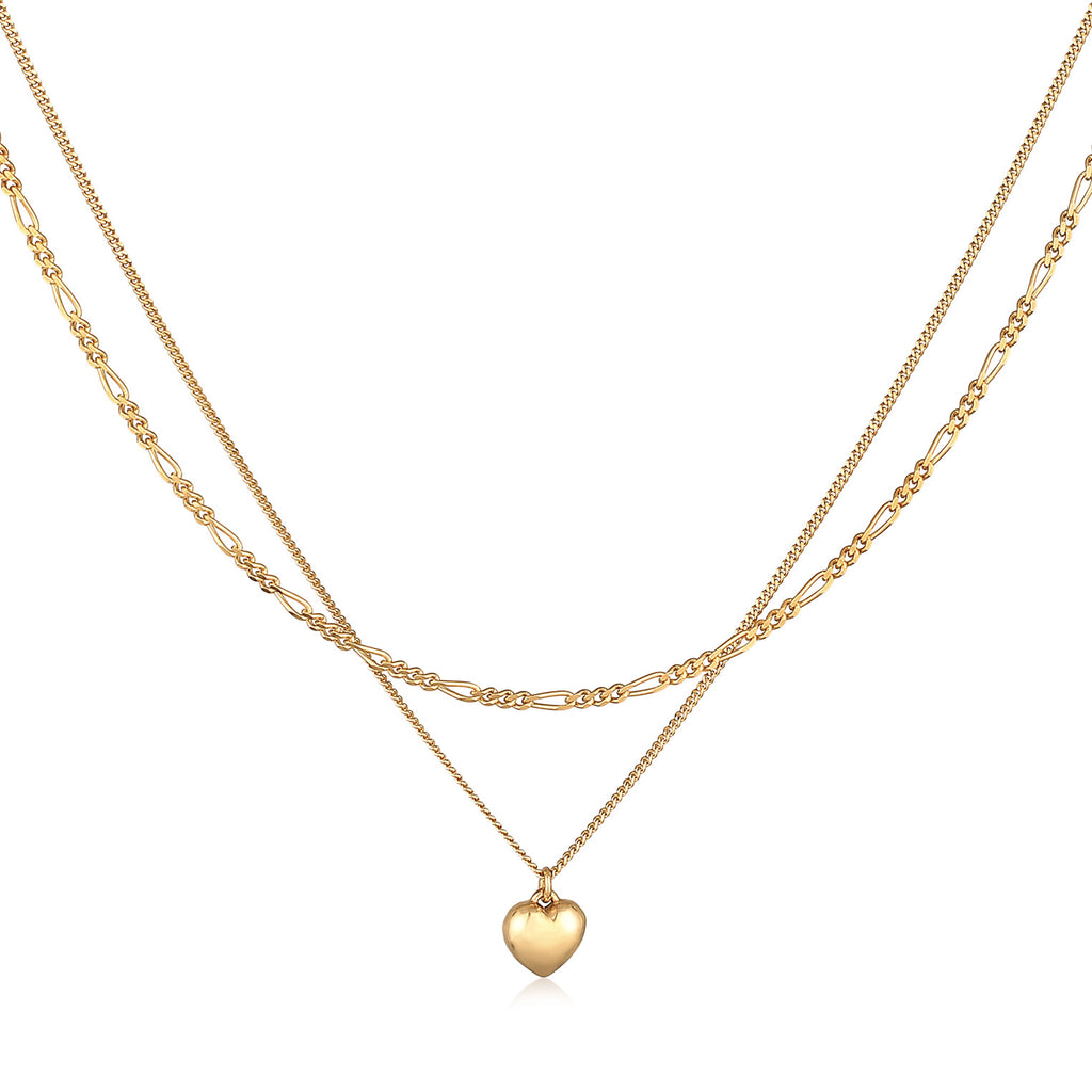 Gold Kalung Perhiasan Perak 925 Wanita Layer Heart Pendant Figaro Gold Plated