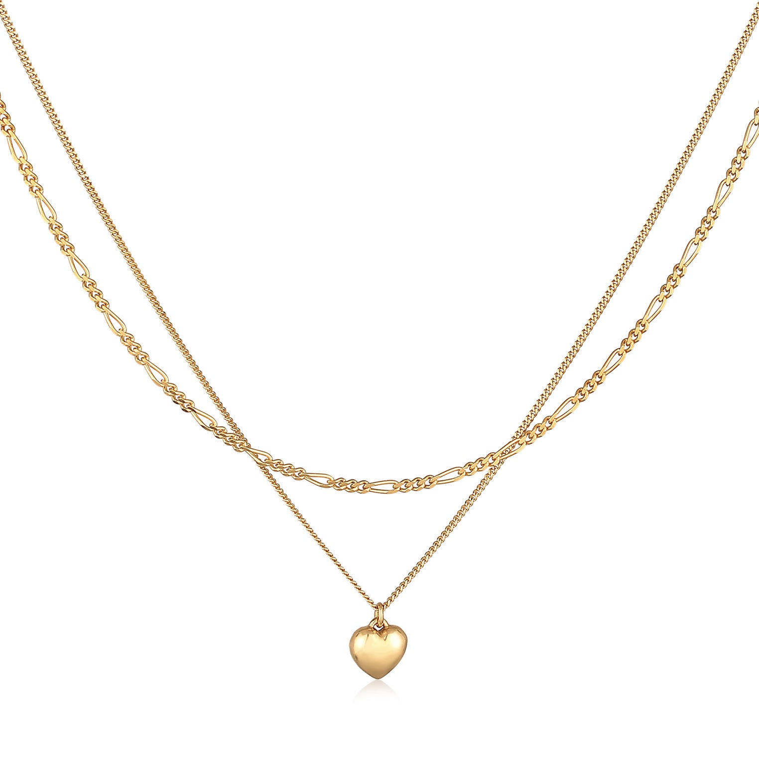 Gold Kalung Perhiasan Perak 925 Wanita Layer Heart Pendant Figaro Gold Plated
