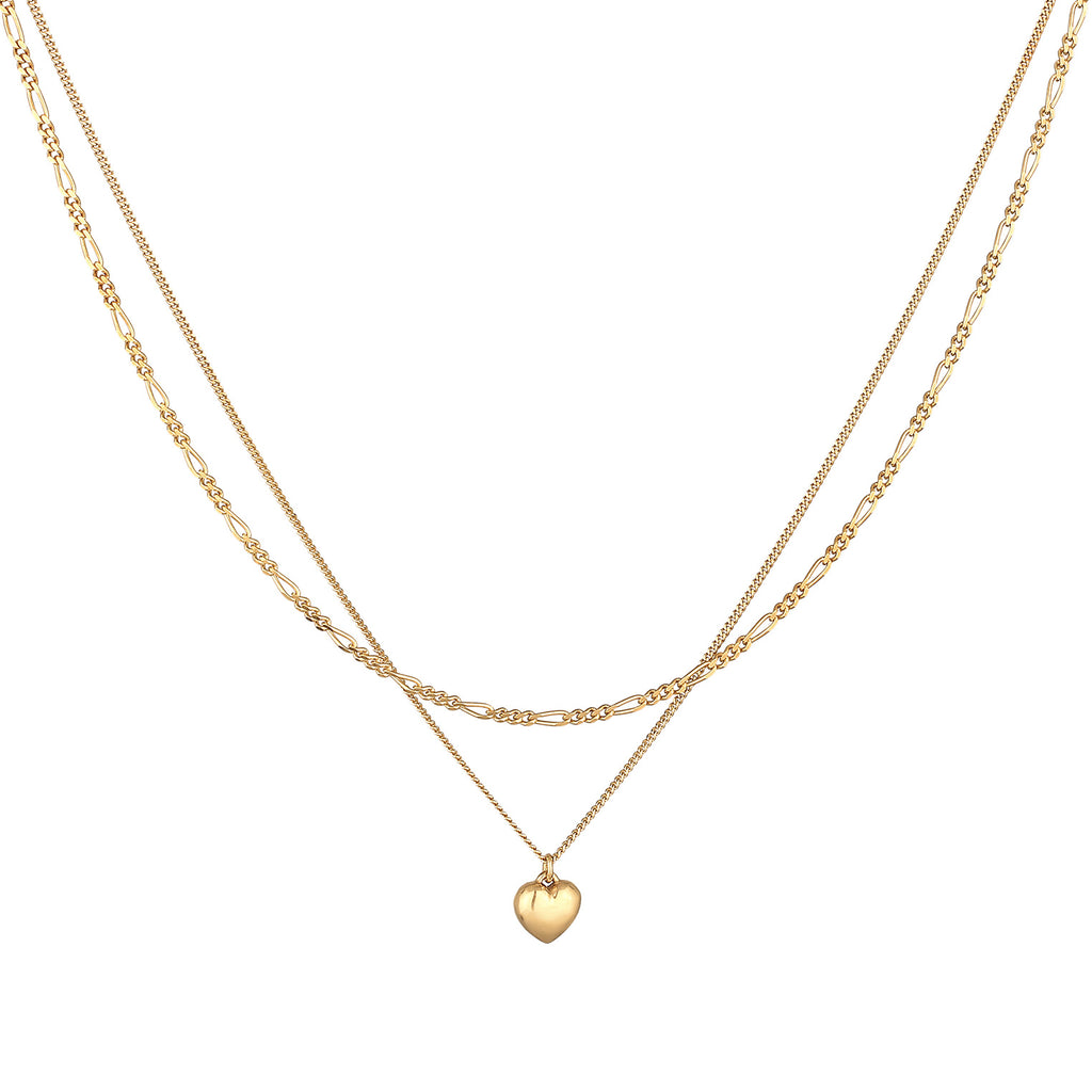 Gold Kalung Perhiasan Perak 925 Wanita Layer Heart Pendant Figaro Gold Plated